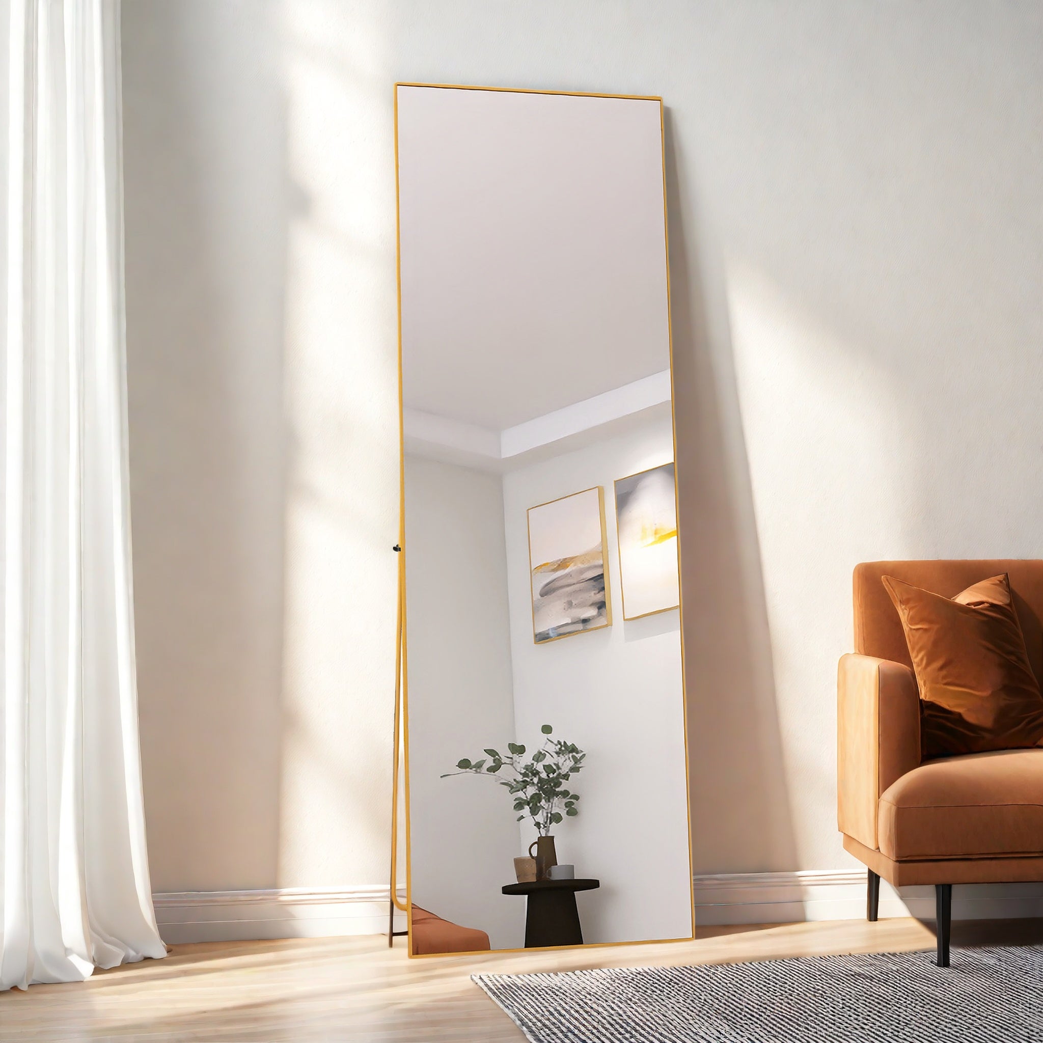 Miroir sur pied - Miroir chambre - Miroir rectangulaire - 162x53 cm - Verre trempé - Cadre en alliage d'aluminium - Doré - 6