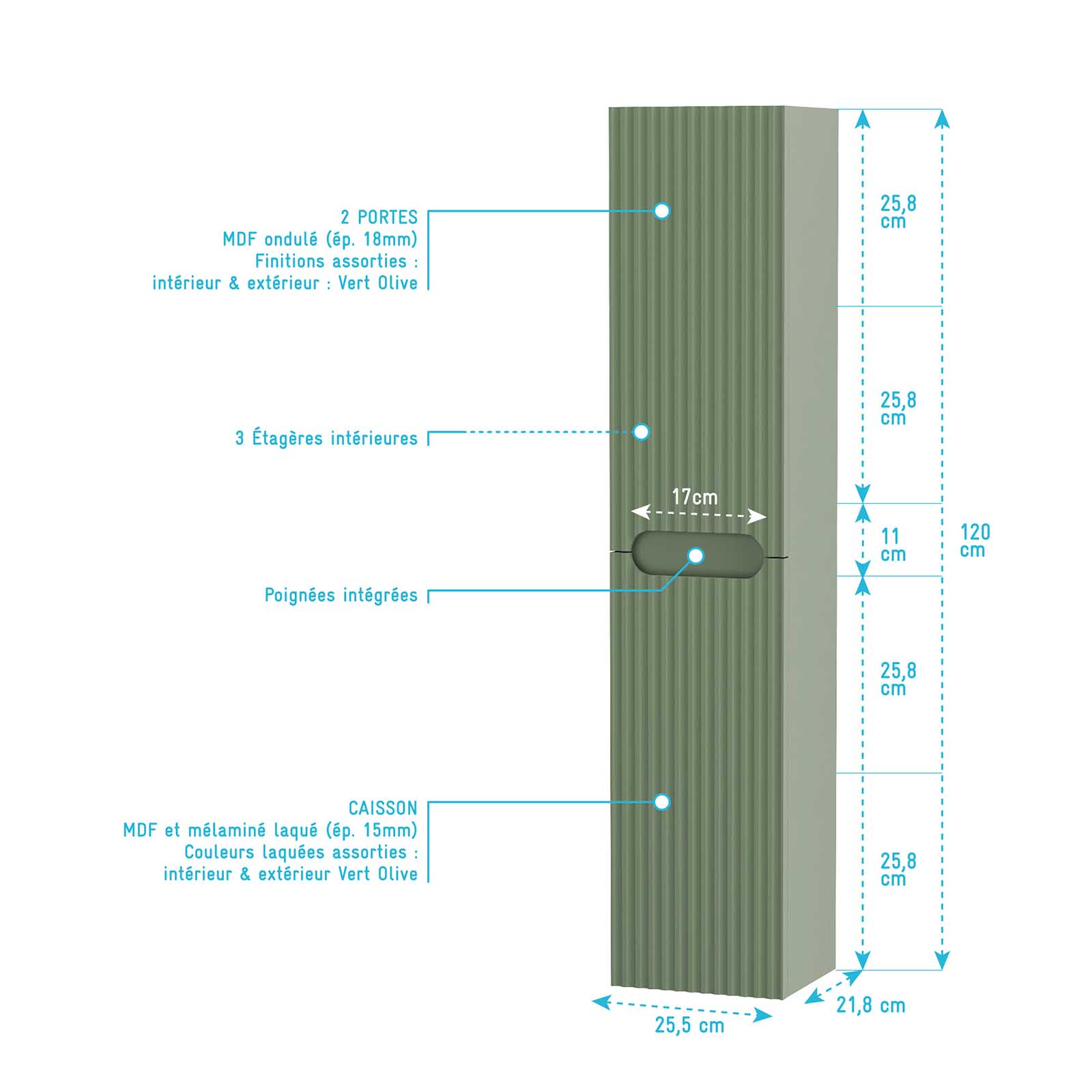 Meuble et colonne de Salle de Bains LEON 80cm Vert Olive - Façades Ondulées - Vasque Blanche Mate - 5