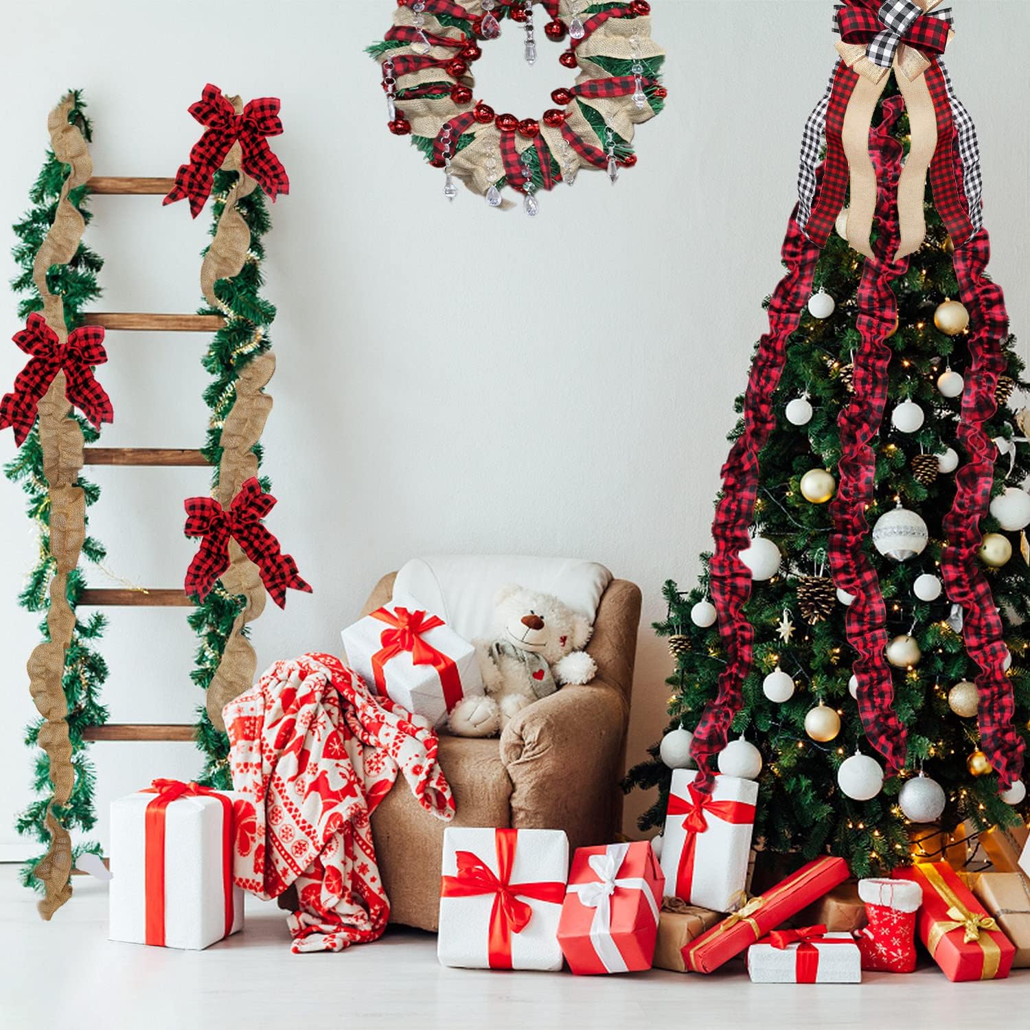 Fitas de Natal para decoração de árvore de Natal, 2,7 m x 6 rolos, guirlanda de fita de tecido xadrez, decoração natalina para casa. - 2
