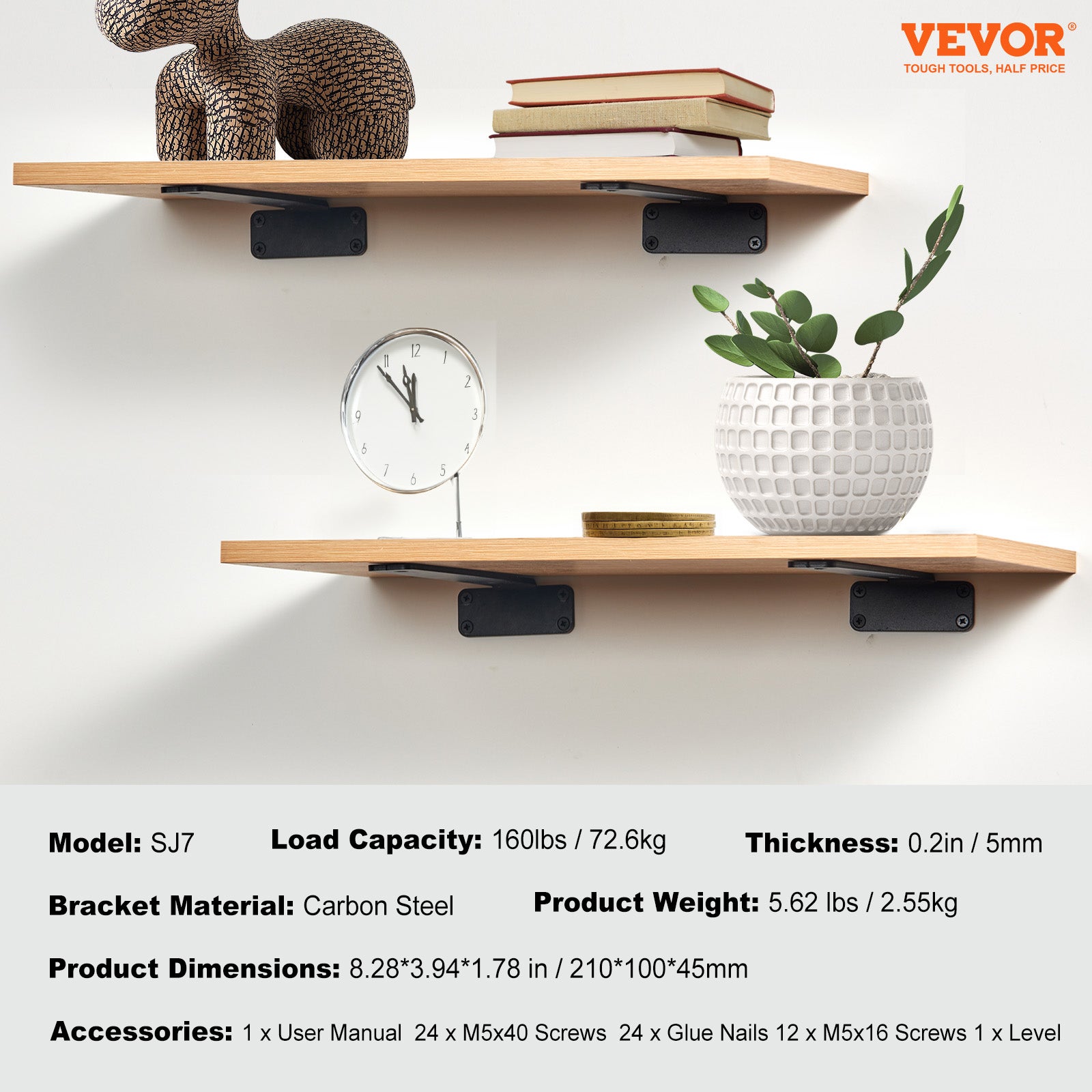 Équerre d'étagère,VEVOR 210 x 100 x 45mm,supports d'étagères flottants robustes,6 pièces,supports pour étagères en L noir mat de 5 mm d'épaisseur, - 7
