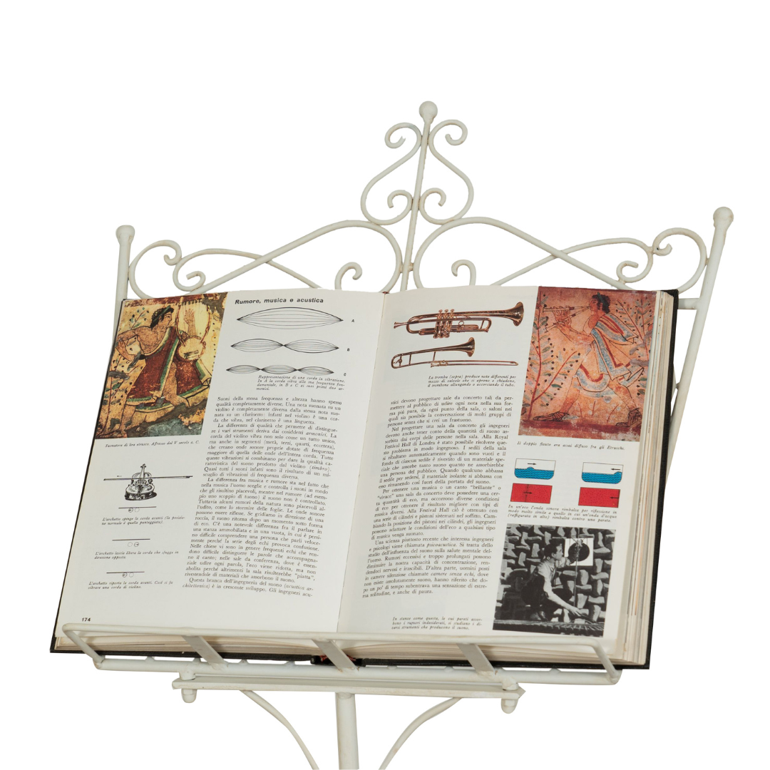 BISCOTTINI Pupitre de Musique Pliable en Fer Forgé - Chevalet Présentoir Publicitaire, Finition Blanche Antique - Porte-Menu, 46x32x139cm - 6