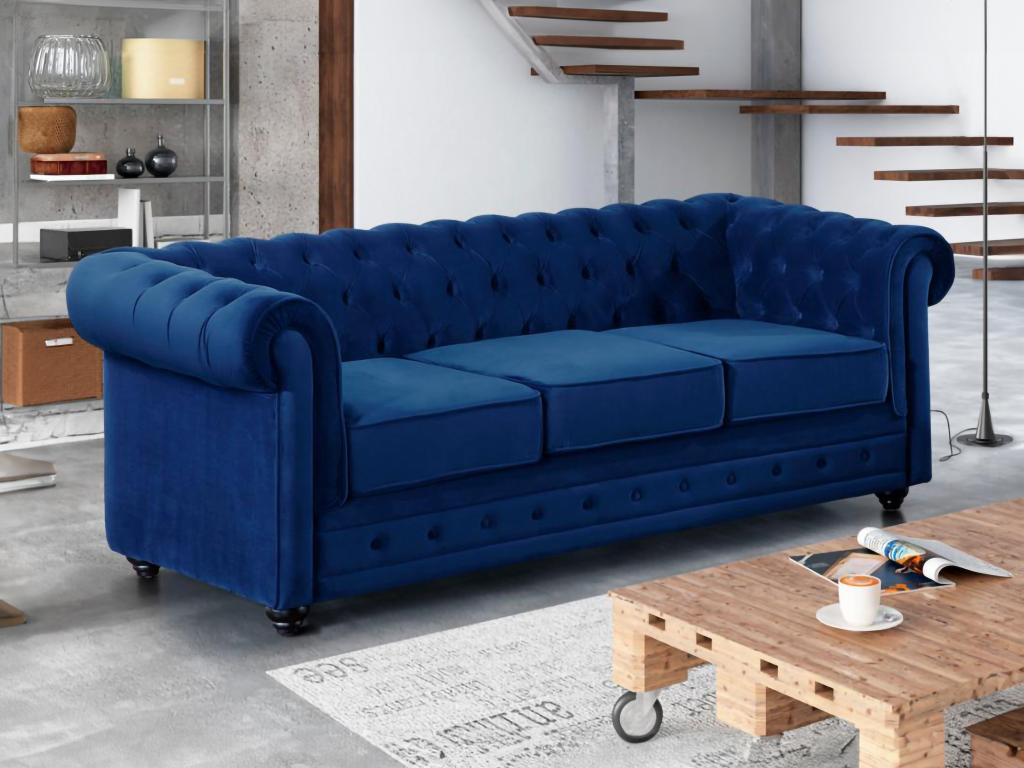 Divano CHESTERFIELD posti in velluto Blu notte Leroy Merlin