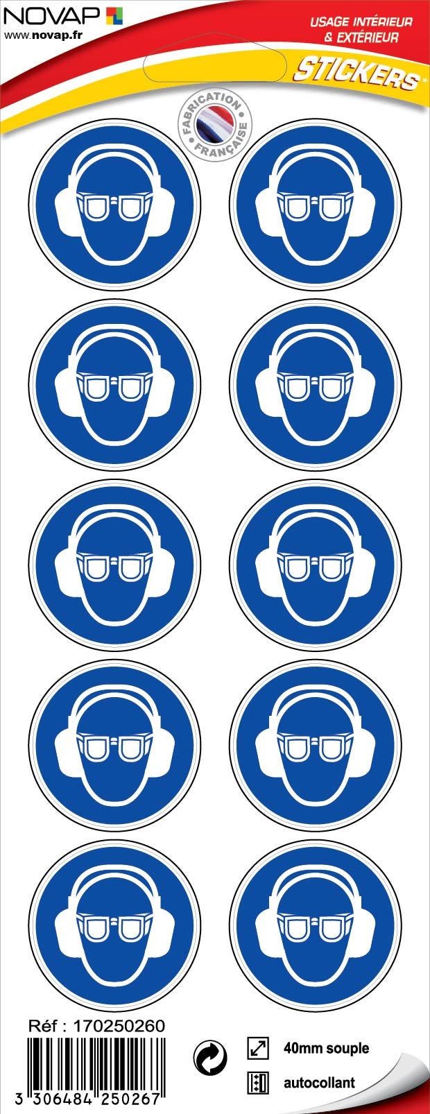 Planche 10 Pictogrammes Ø 40mm - Obligation de Porter des lunettes et un Casque Anti-bruit - 4250267
