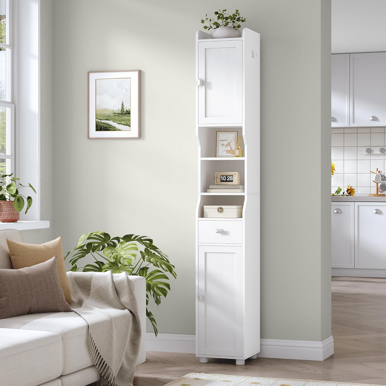 Armoire de Salle de Bain Étroit, Meuble de Rangement Haute avec 2 Portes et 1 Tiroir, Étagère Réglable, Compartiment Ouvert,Blanc - 8