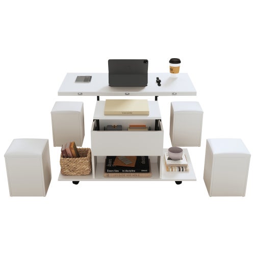 Table Basse Relevable 100 x 100 x 63.5 cm - Plateau Dépliable 2 en 1 et Rangement Intégré - Multifonction Blanc - 9