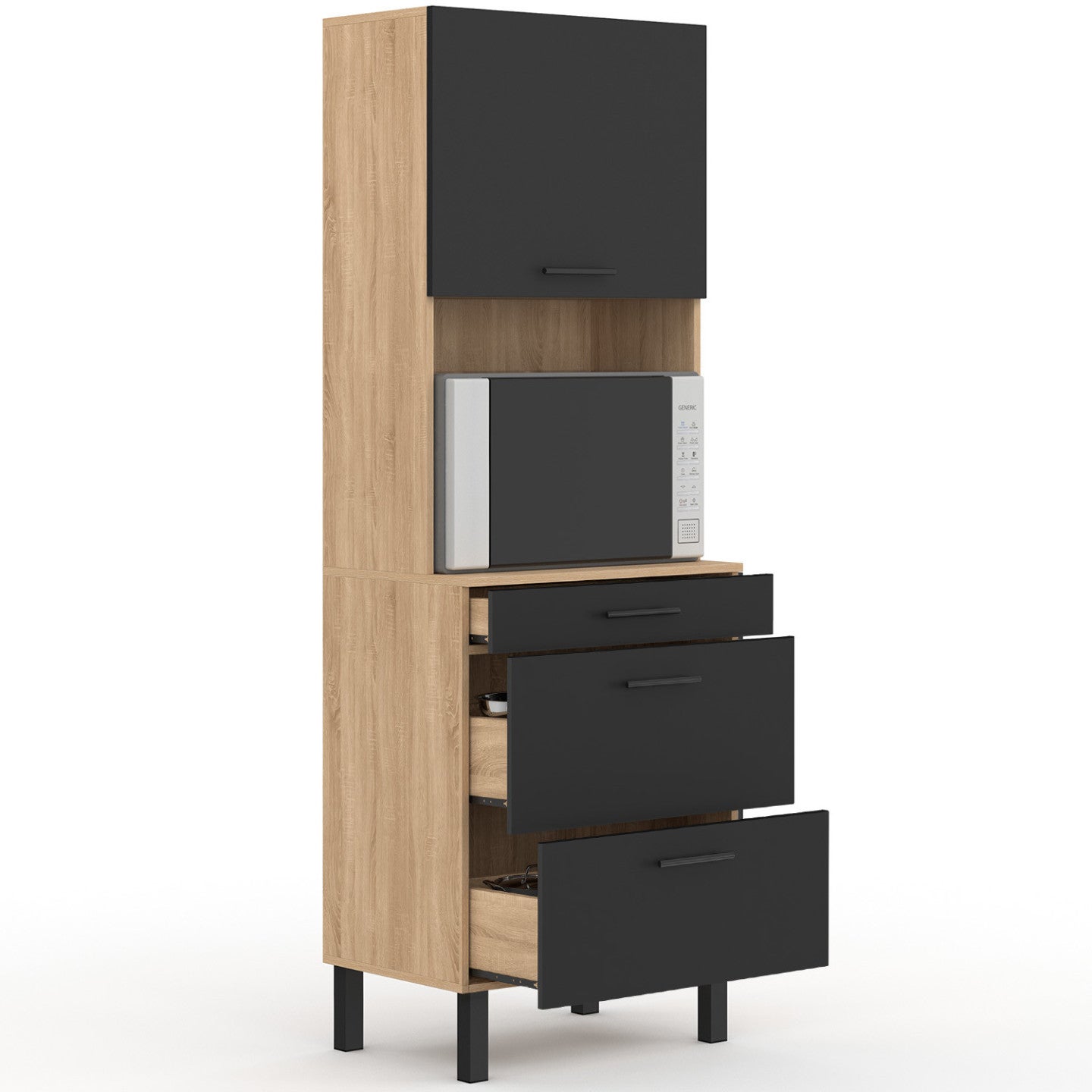 Colonne de cuisine micro-ondes et casserolier 60 cm CINA 2 portes façon hêtre et noir - 2