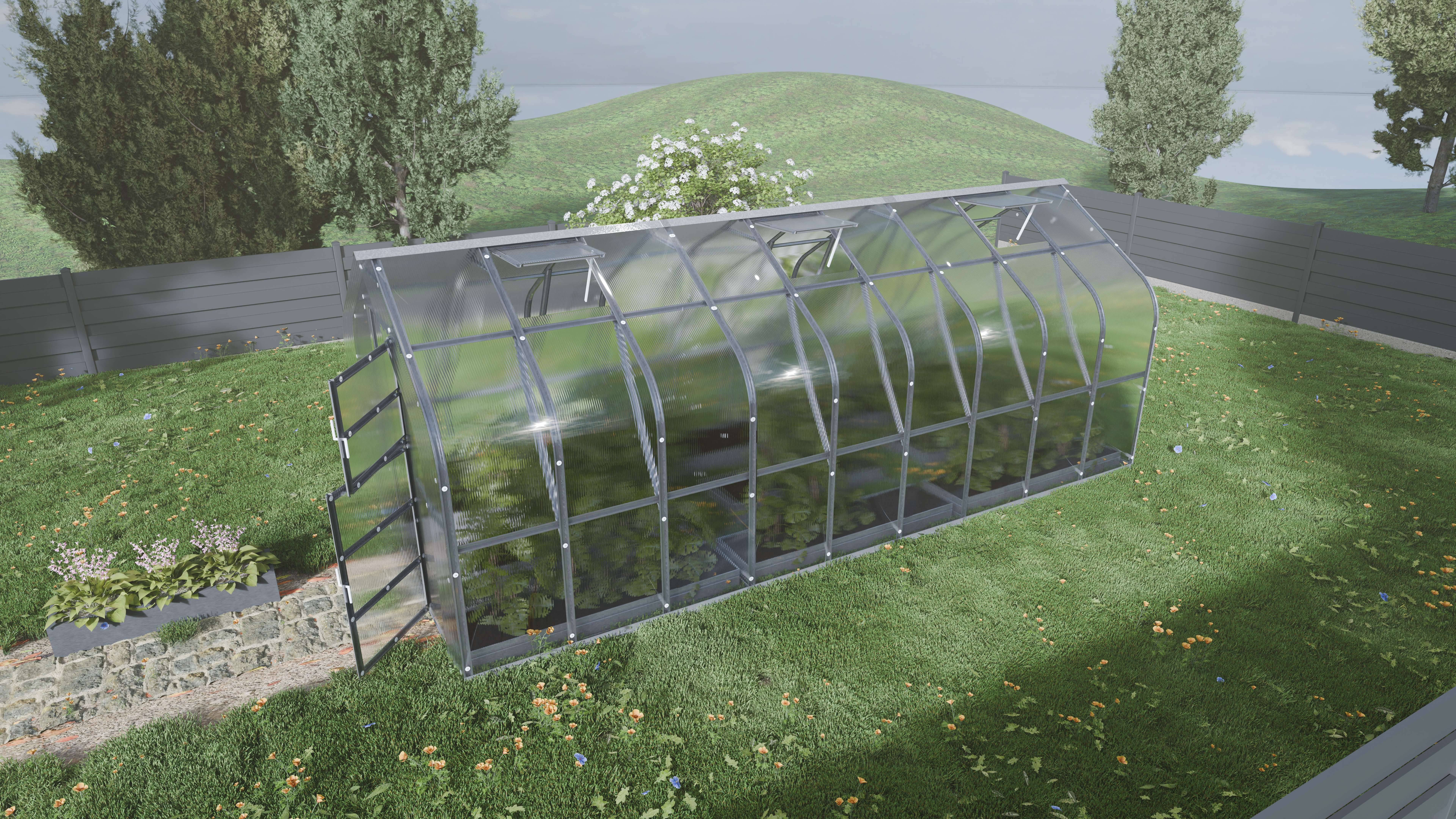 Szklarnia KLASIKA Standard 15 m2, 2,5 m x 6 m, 4 mm z pokryciem z poliwęglanu (z 3 automatycznymi otwieranymi dachami) 1szt.