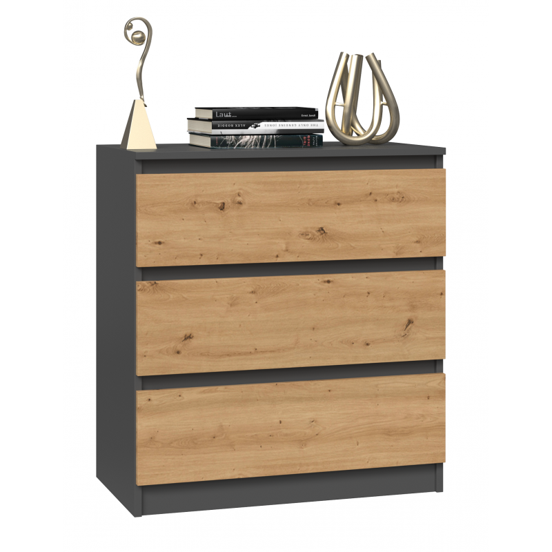 ASTER T3 - Commode de chambre 3 tiroirs - 77x70x40 - Meuble de rangement - Style Scandinave - Gris/Artisan - 2