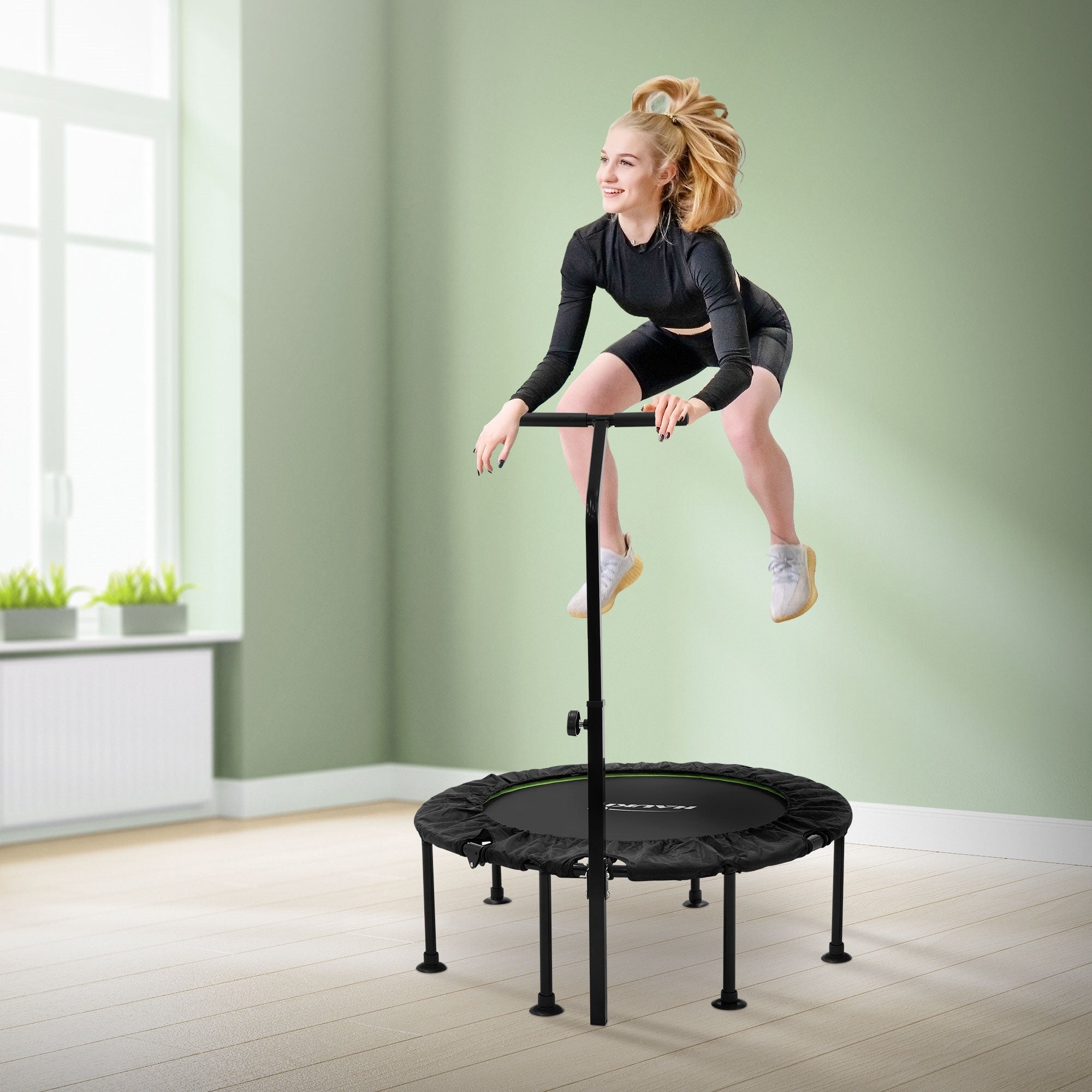 Trampoline De Fitness Hauki Ø122 Cm – Barre De Maintien Réglable, Pliable, Charge Max 150 Kg, Parfait Pour Le Cardio à La Maison
