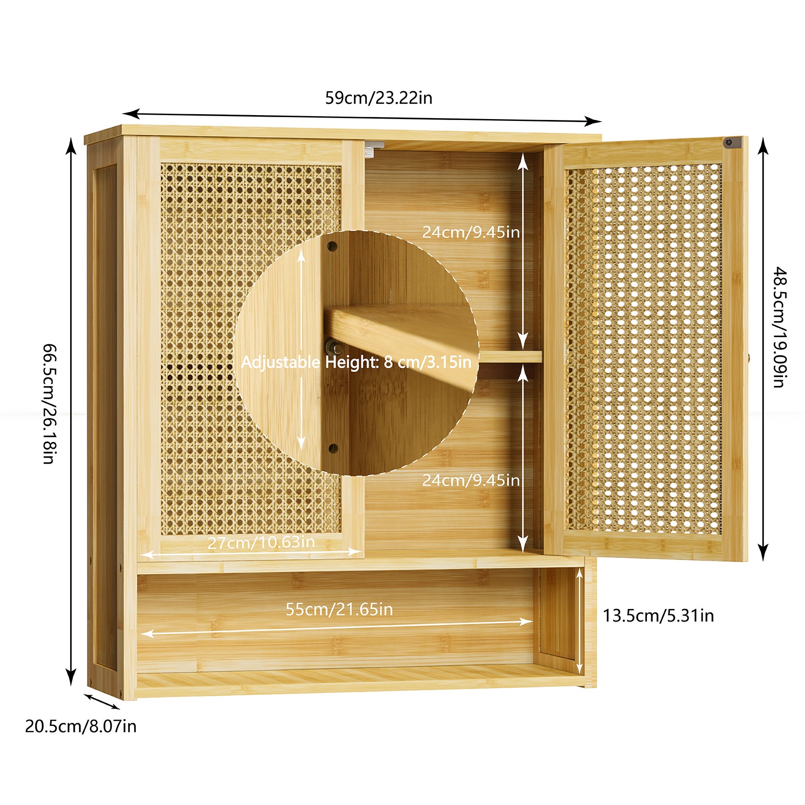 Armoire Salle de Bain, 59x20.5x66.5cm, Armoire Toilette Suspendu avec Étagères Réglables, Bambou Naturel - 5