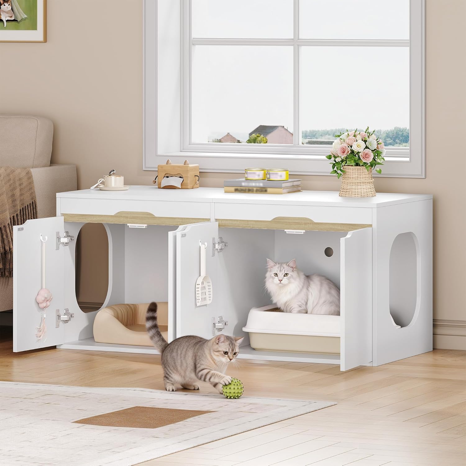 Armário para caixa de areia para gatos para 2 gatos, com entrada lateral, para ocultar a maioria das caixas de areia, carvalho branco e branco. - 6