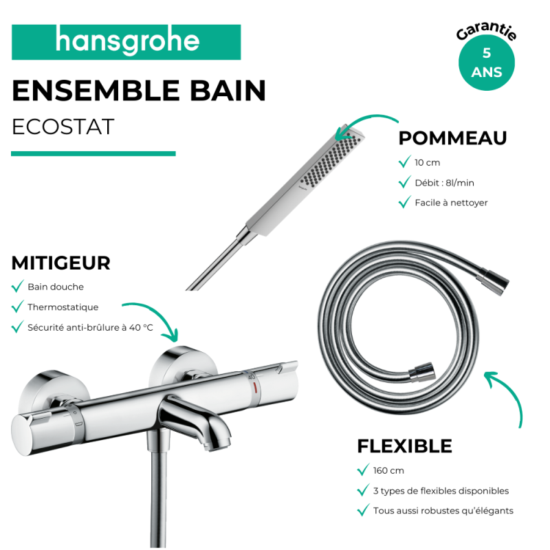 Pack mitigeur bain thermostatique HANSGROHE Ecostat Comfort + Flexible Designflex 1,6m + Pommeau Pulsify E 100 EcoSmart chromé - 3
