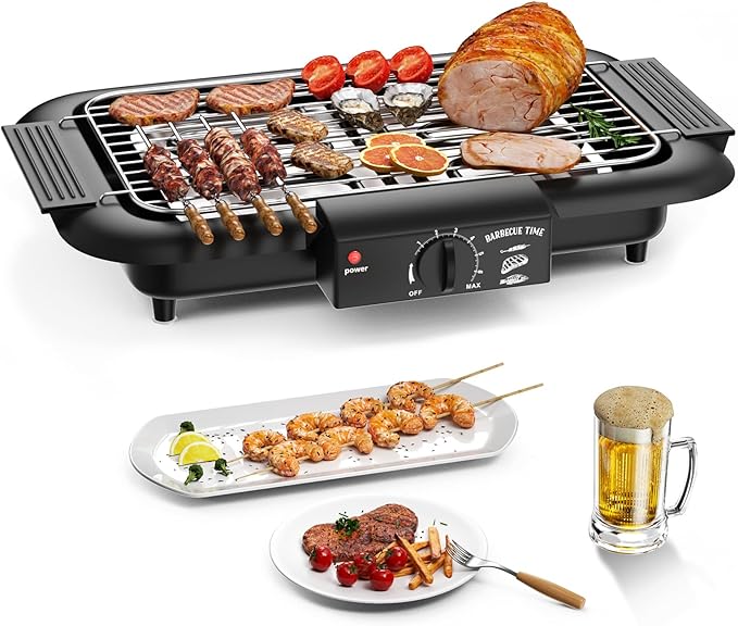 Chefman Gril électrique d'intérieur sans fumée, surface de cuisson extra large, gril de table antiadhésif pour le gril et le barbecue intérieur avec contrôle de température réglable, bac à graisse