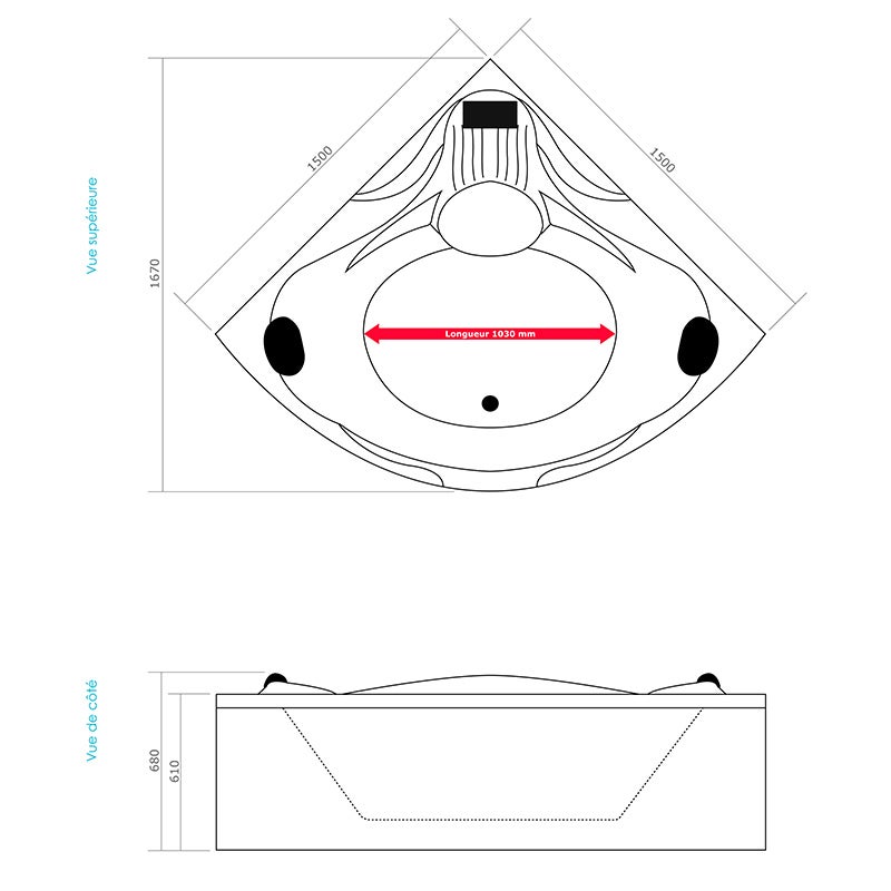Baignoire balnéo d'angle 150x150 cm MAKEMO IMASSAGE - 9