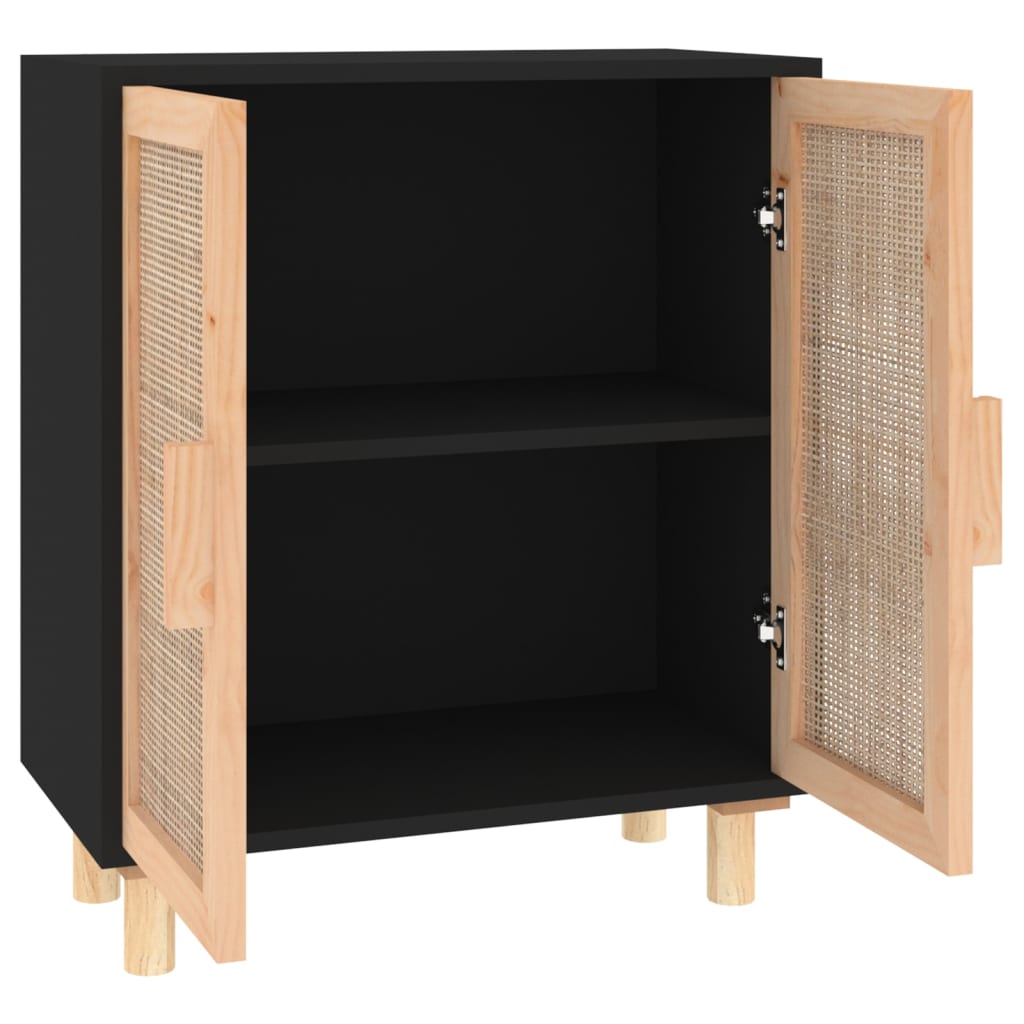 Buffet Noir 60x30x70 cm Bois de pin massif et rotin naturel - 5
