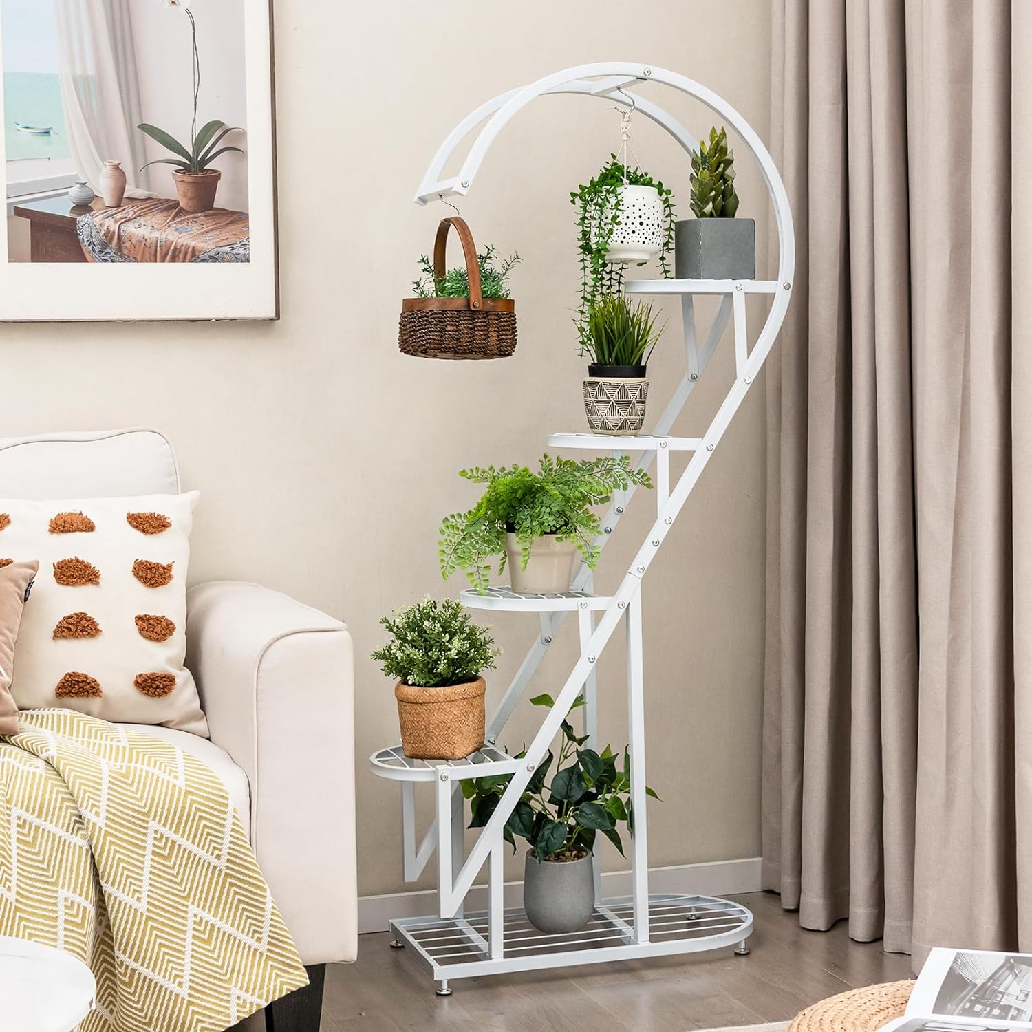 Support pour Plantes en Métal à 5 Niveaux, Étagère à Fleurs avec Crochet,71 x 30,5 x 148 CM (Blanc) - 9