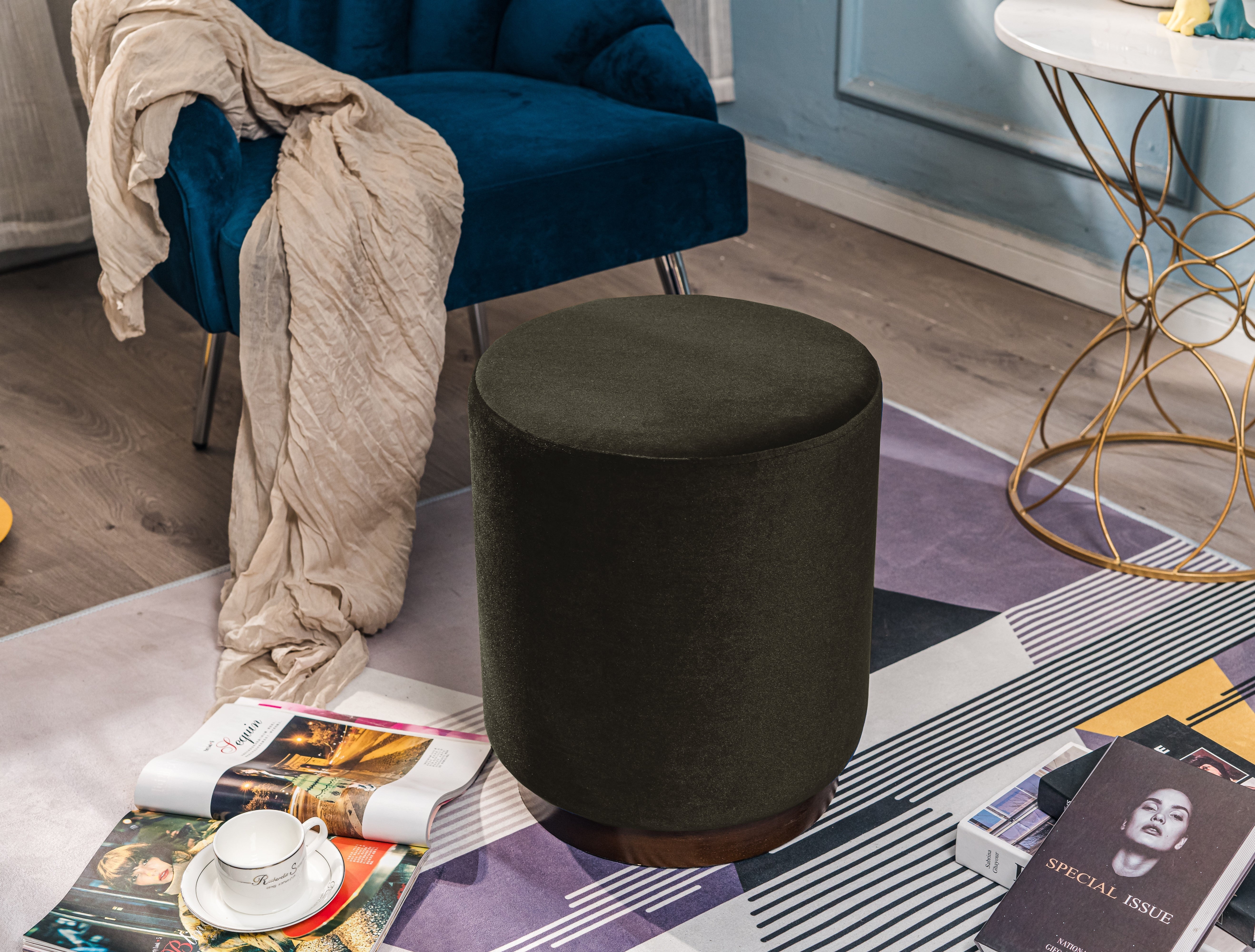 Nordlys - Pouf de Salon Base en Bois Marron Velours Marron - 3