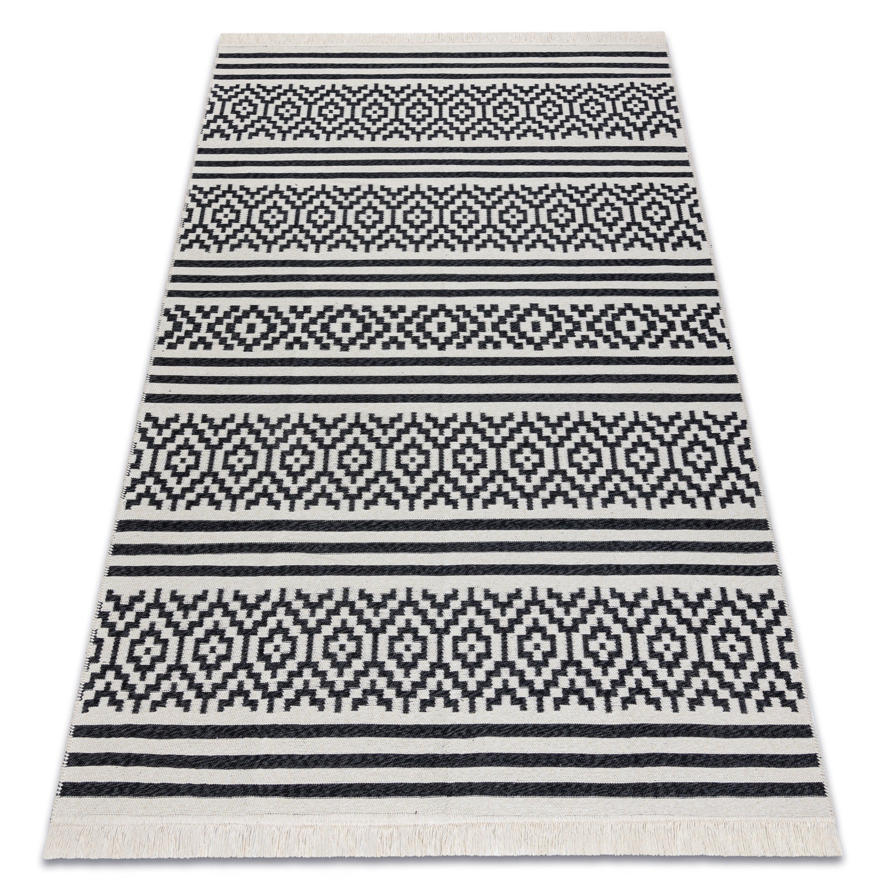 Dywan TWIN 22996 Geometryczny, pasy bawełna, dwustronny Ekologiczny frędzle - czarny / krem 180x270 cm - 2