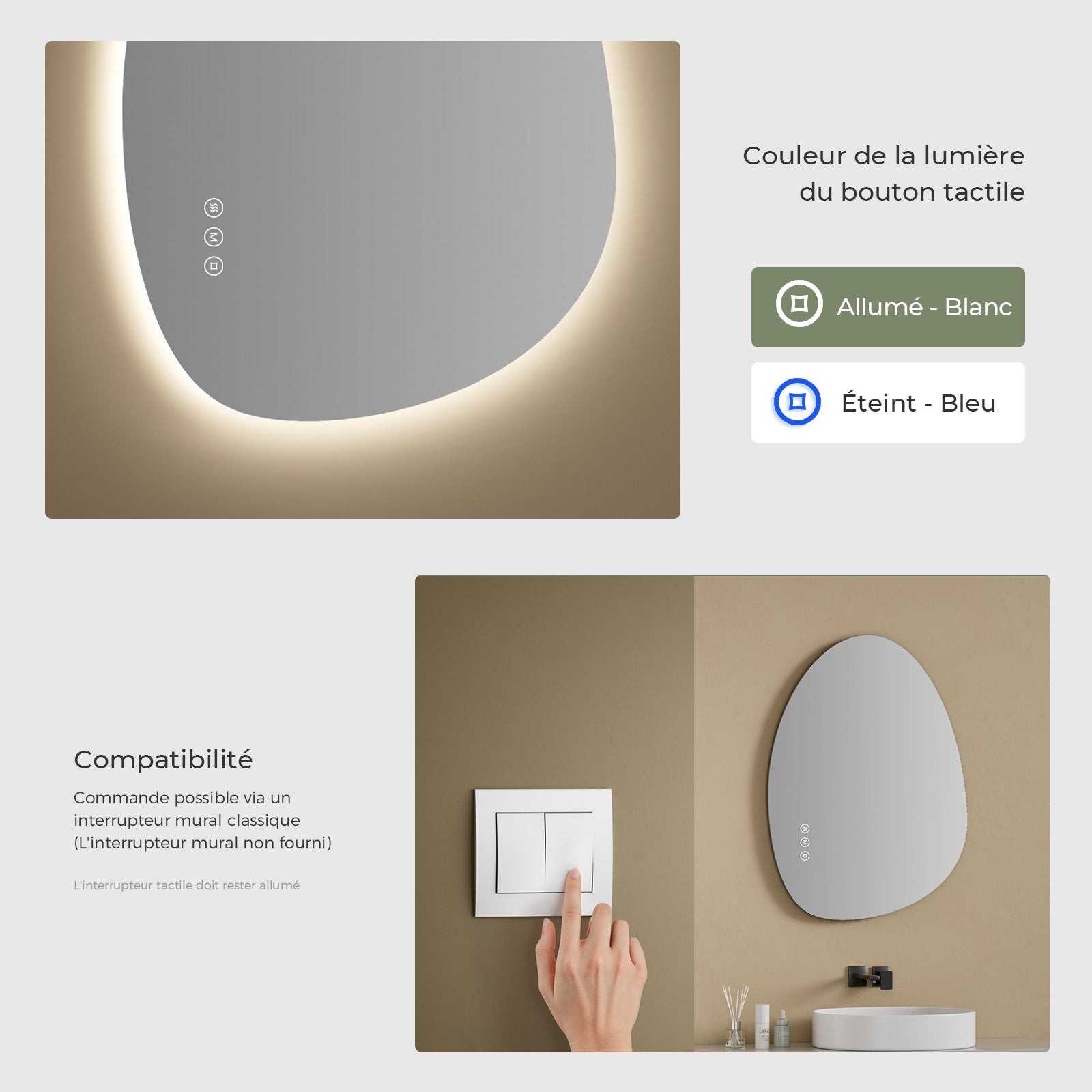 S'AFIELINA Miroir Salle de Bain avec Éclairage Asymétrique 55 × 75 cm, Antibuée, Miroir LED avec 3 Couleurs de Lumière, Intensité Réglable, IP44 - 2