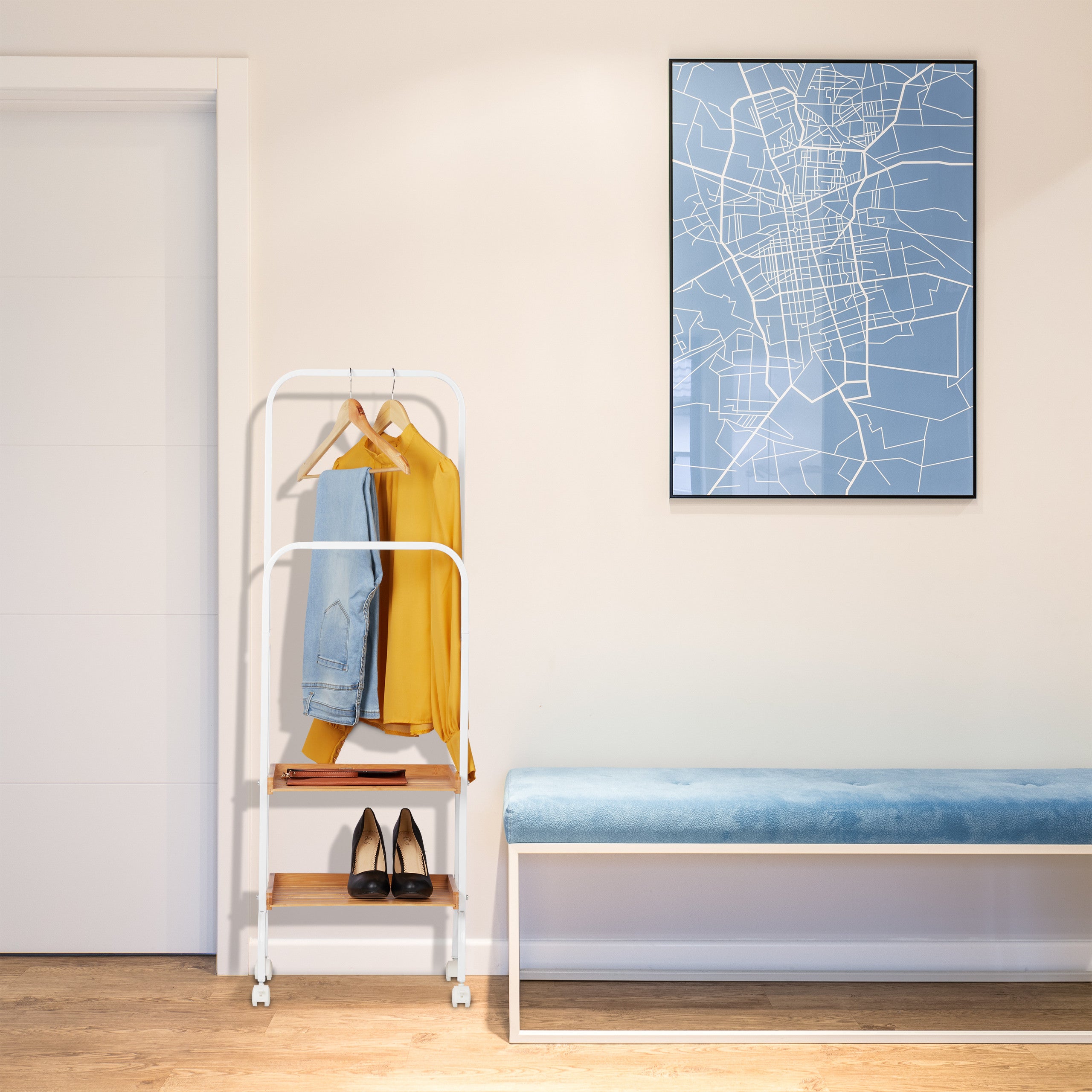 Servo Muto Con Rotelle Relaxdays - Attaccapanni Mobile Con 2 Ripiani In Bambù, 129x42x32 Cm, Bianco - Foto 4