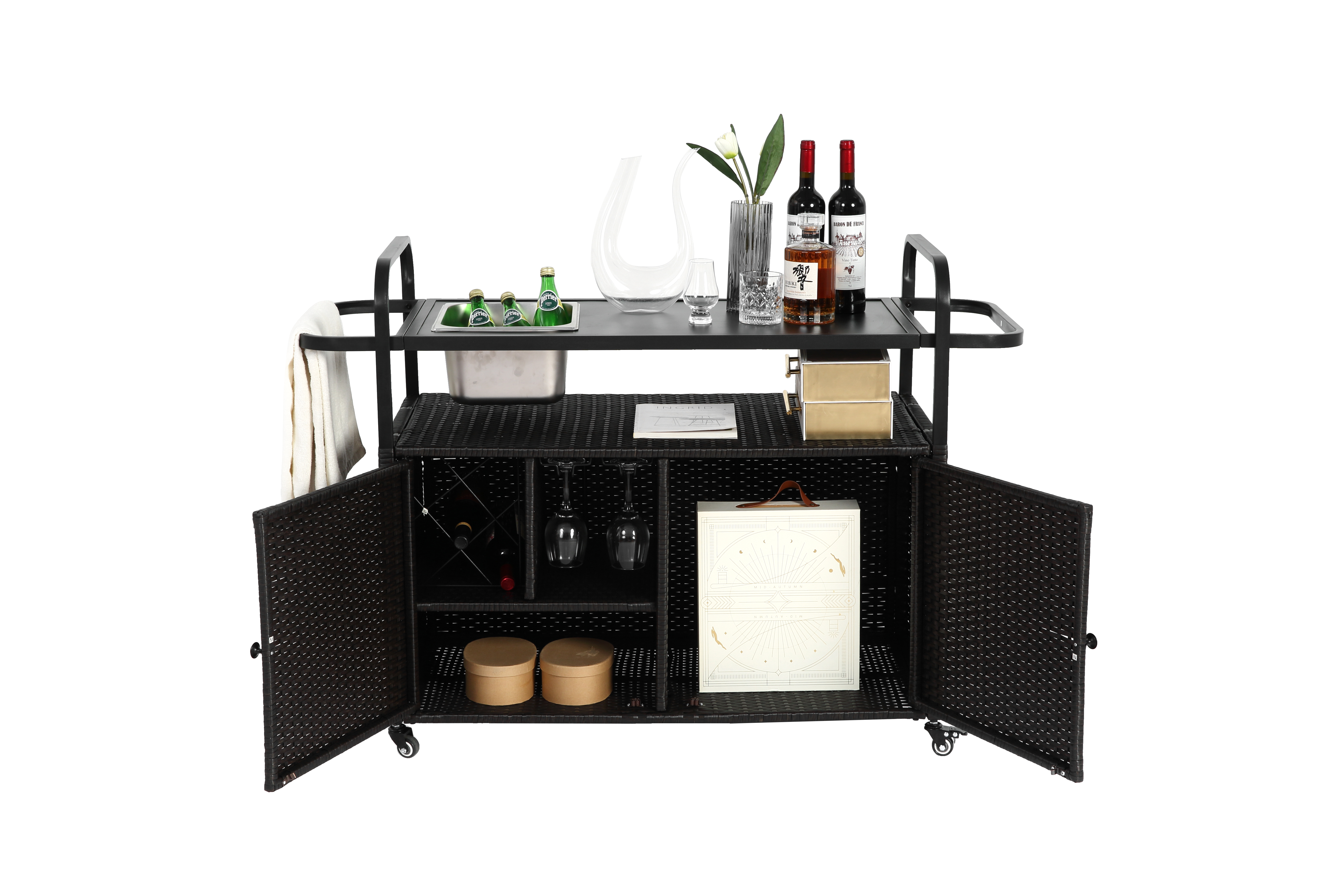 Table de Bar Extérieur en Rotin avec Armoire, Seau à Glace et Panier Latéral, Plateau Acier, Roues Verrouillables, Noir - 4