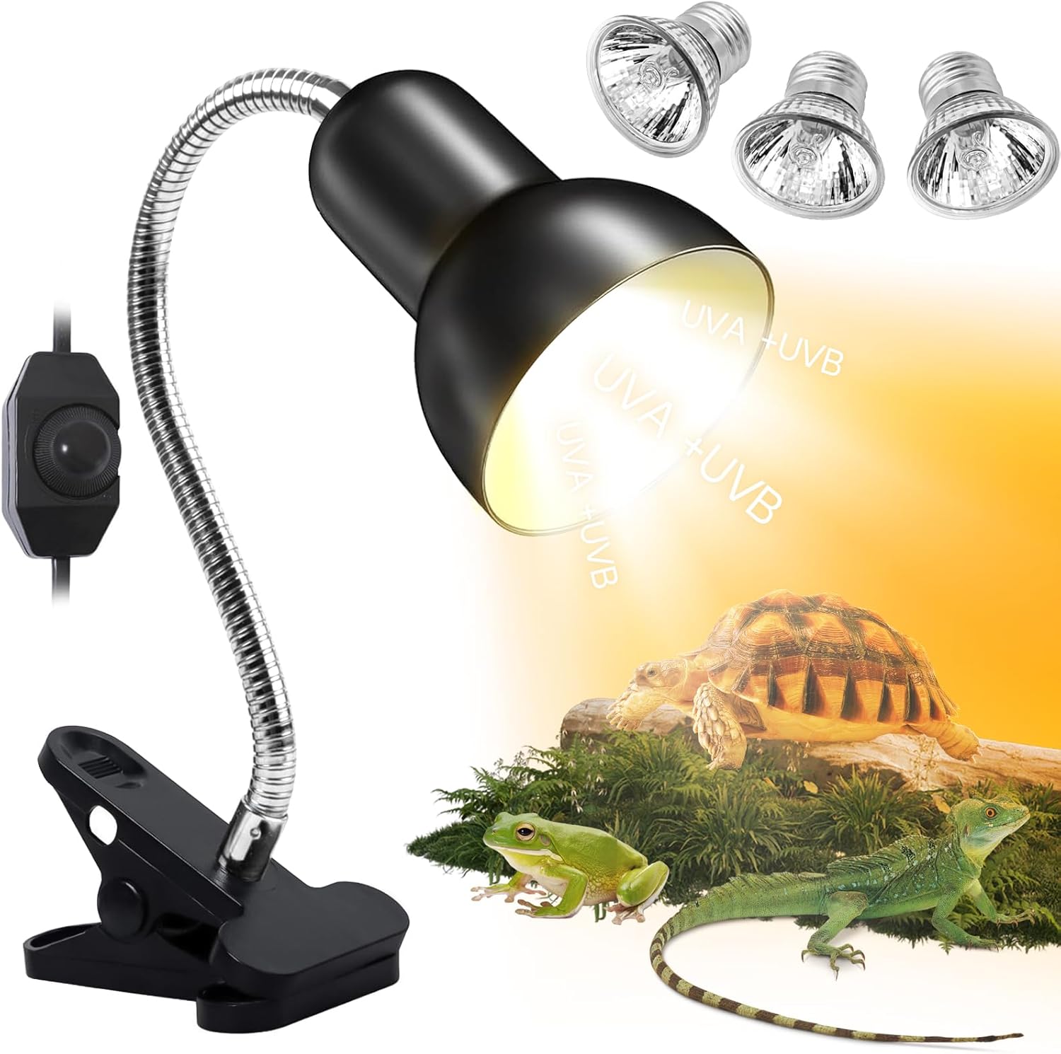 Lampa grzewcza Turtle z regulacją temperatury, z 3 żarówkami UVA-UVB (25 W i 50 W) dla gadów i płazów