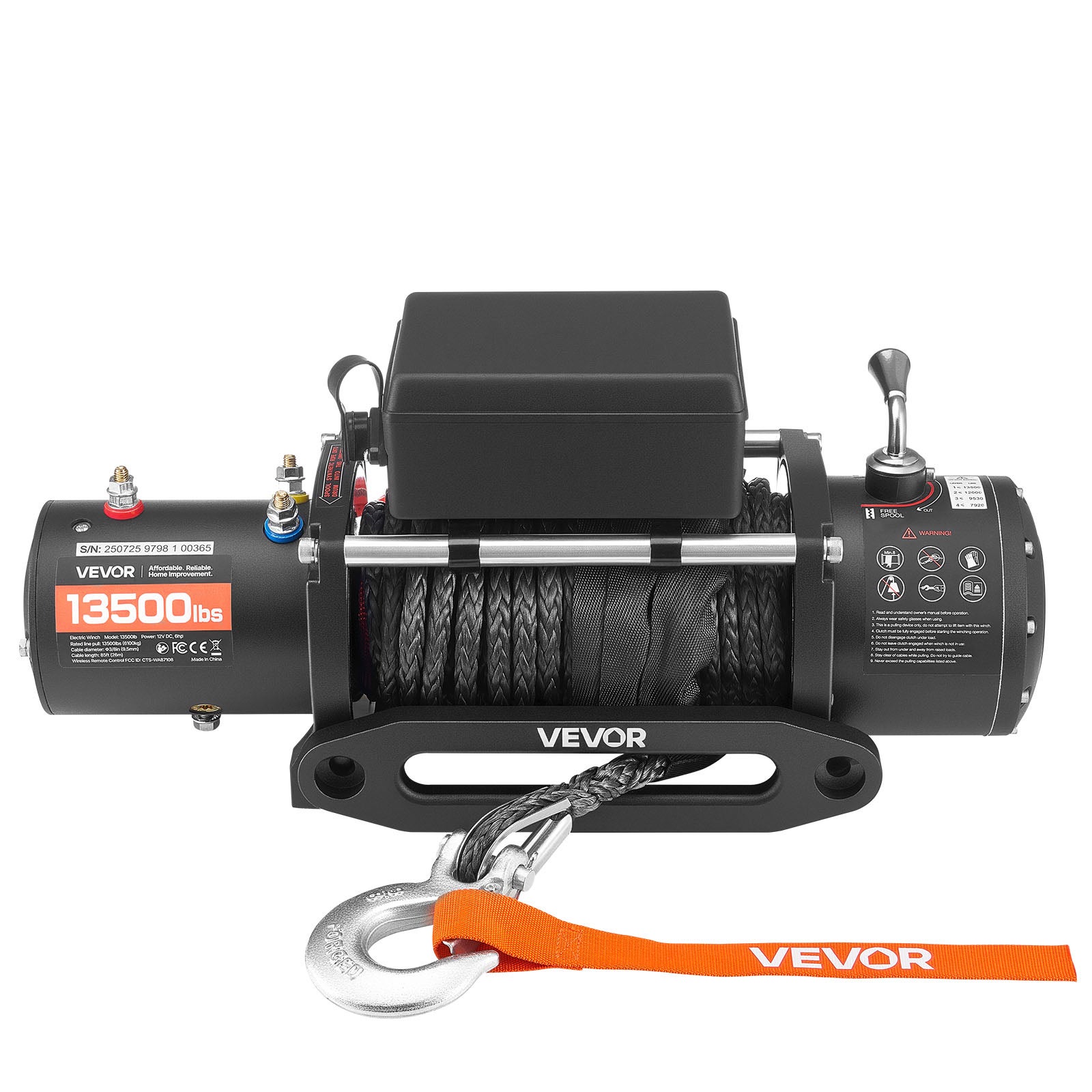 Treuil électrique VEVOR, corde synthétique, 12 V CC, 6100 kg, Ø9,5 mm×26 m, télécommande sans fil/fil, IP55, pour SUV/Jeep/remorque/bateau/4x4 - 9