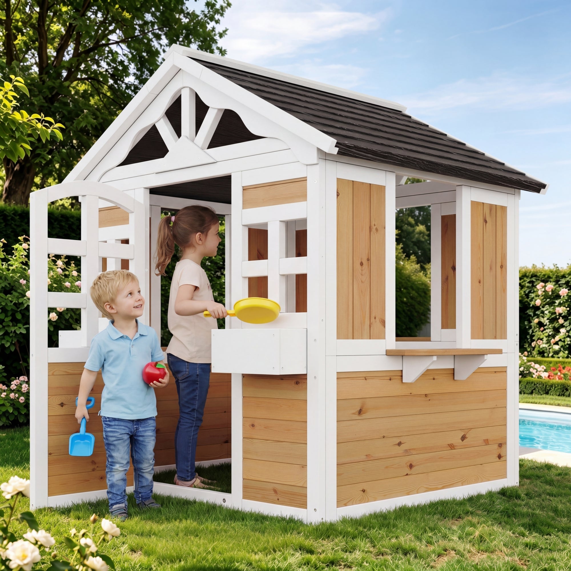 Maisonnette de jardin pour enfants en bois de sapin, cabane outdoor avec fenêtre de vente, jardinière et toit résistant, certifiée EN 71 - naturel - 2