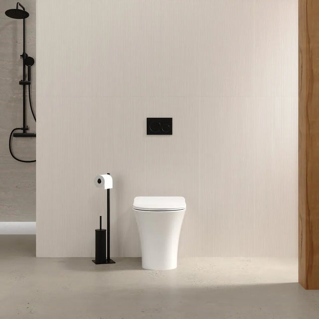 Cuvette à poser dos au mur en céramique blanche brillante avec siège de WC à fermeture douce | Sofia