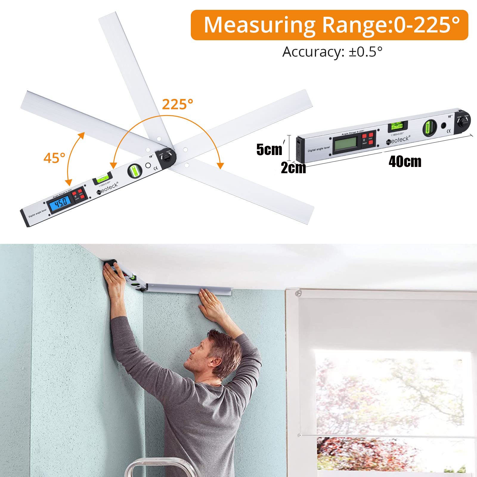 Rapporteur d'angle numérique 400 mm/0~225° - Règle d'angle à niveau à bulle, Outil de mesure précis pour la menuiserie, la toiture et la construction - 3