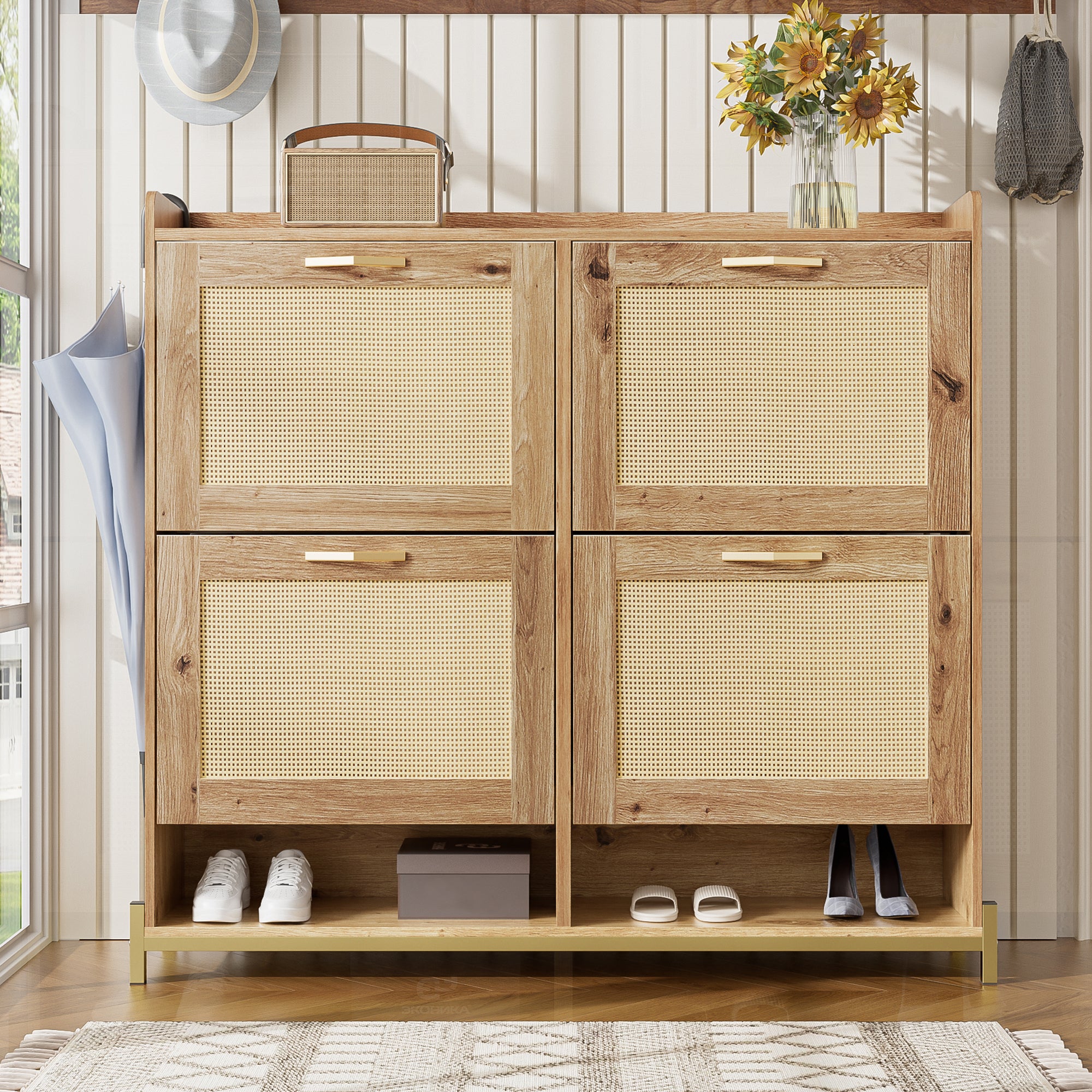Meuble à chaussures en bois élégant avec portes en rotin – 4 portes, cadre métallique et étagère supérieure pour un rangement stylé et ordonné - 2