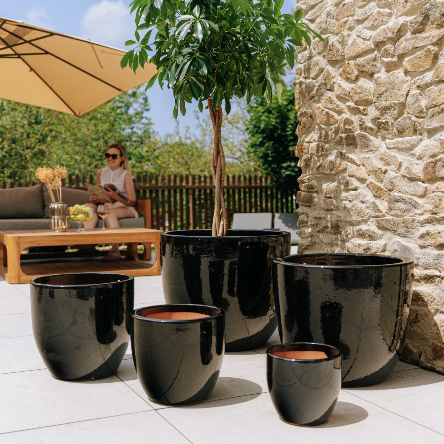 Pot grande taille d'extérieur LANCELOT 21x19cm noir, fait main en terre cuite émaillée, résistant au gel - 2