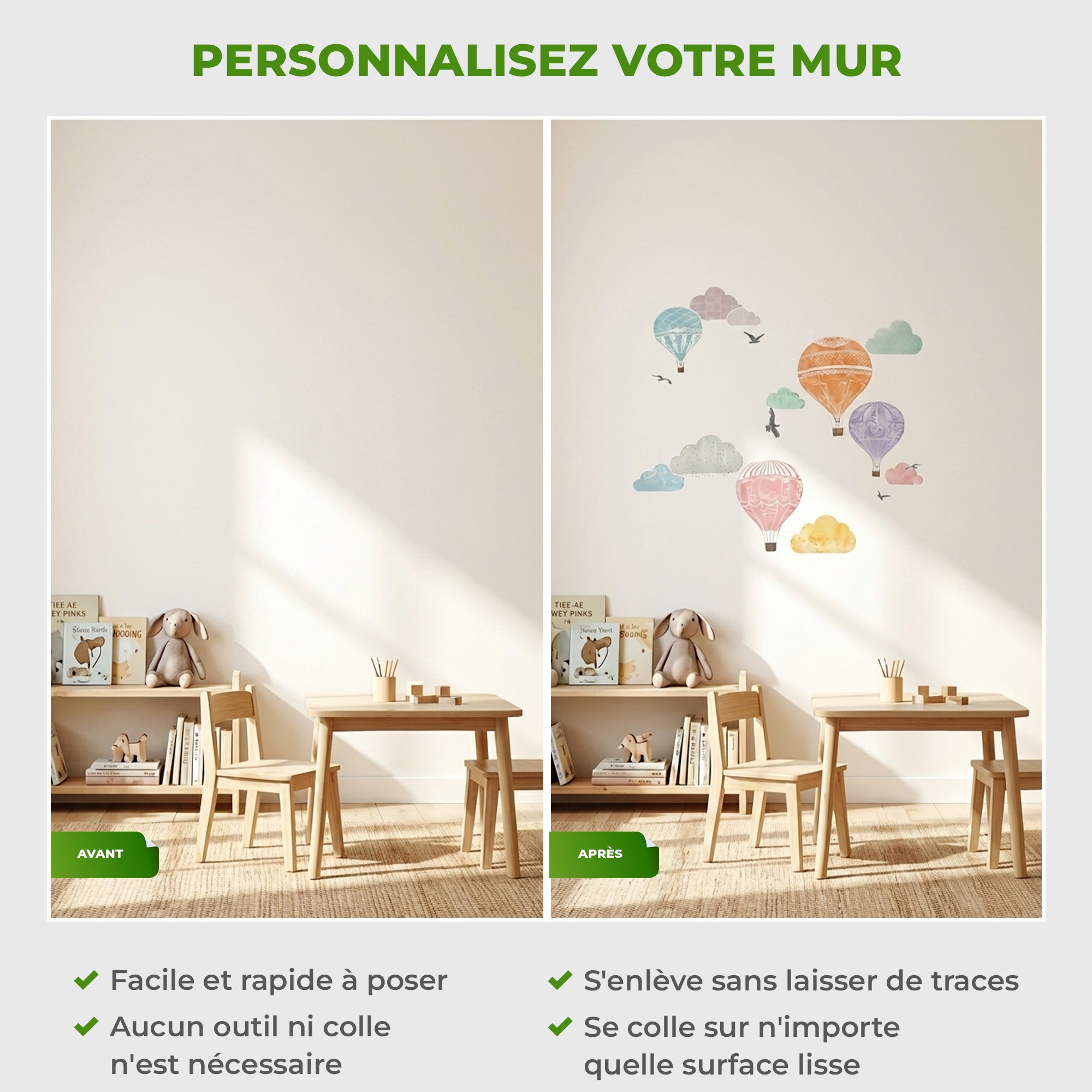 Stickers Muraux décoration adhésifs Montgolfière et nuages - 5