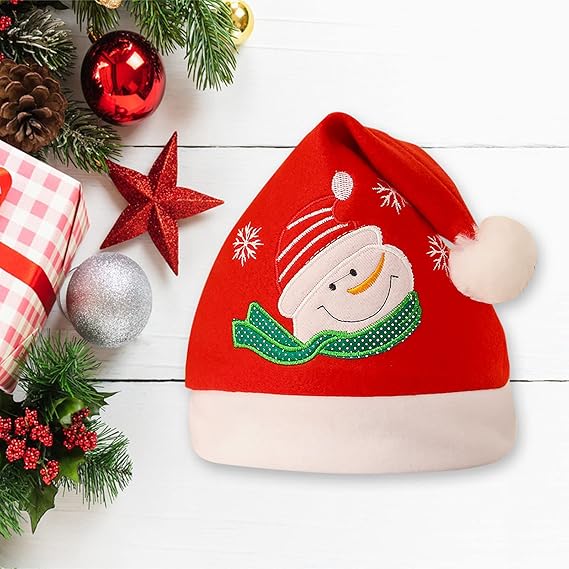 Czerwona czapka świąteczna w kształcie bałwana, 27 x 35 cm, jednoczęściowa. Ozdoba świąteczna z wizerunkiem Świętego Mikołaja i bałwana. - 3