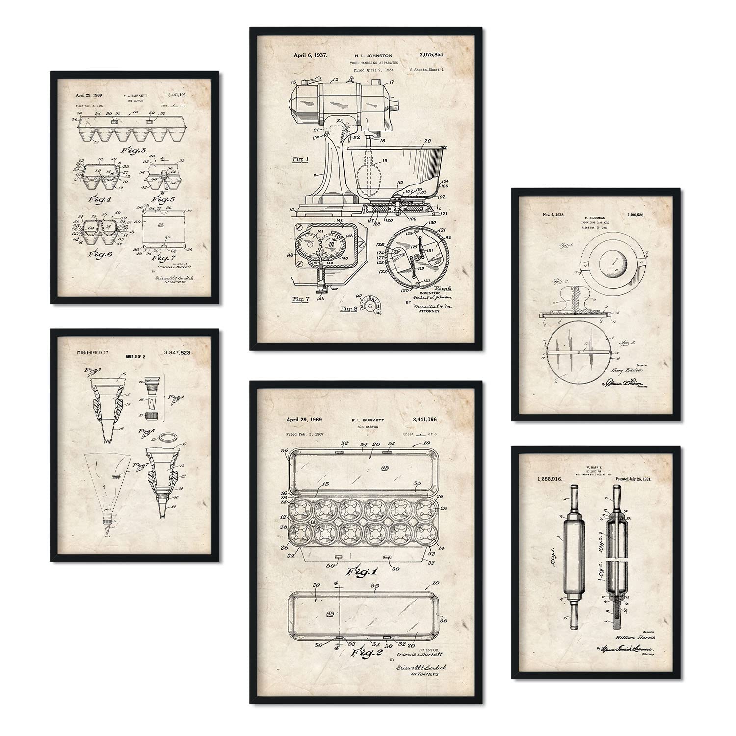 Set de 6 láminas de patentes herramientas de cocina. pósteres con dibujos retro de inventos antiguos. tamanos a4 y a3 sin marco