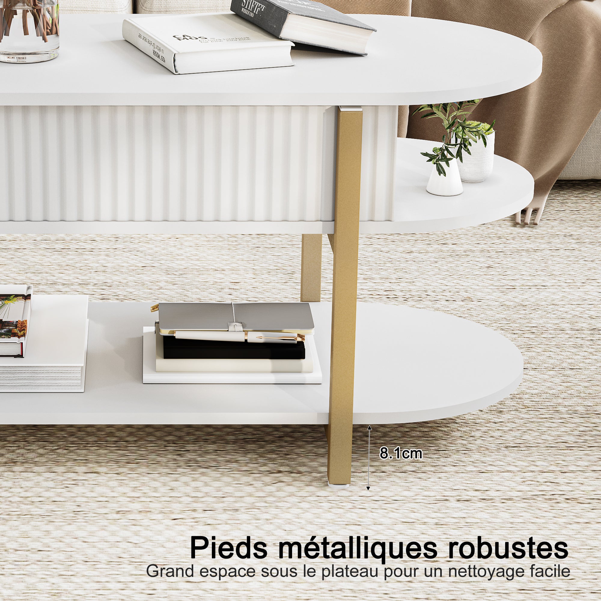 KEFSR Table Basse avec Plateau Relevable Bois MDF,Table de Salon Relevable Moderne avec Compartiment Caché et Étagère,Réglable,106x45x50cm,Blanc - 7