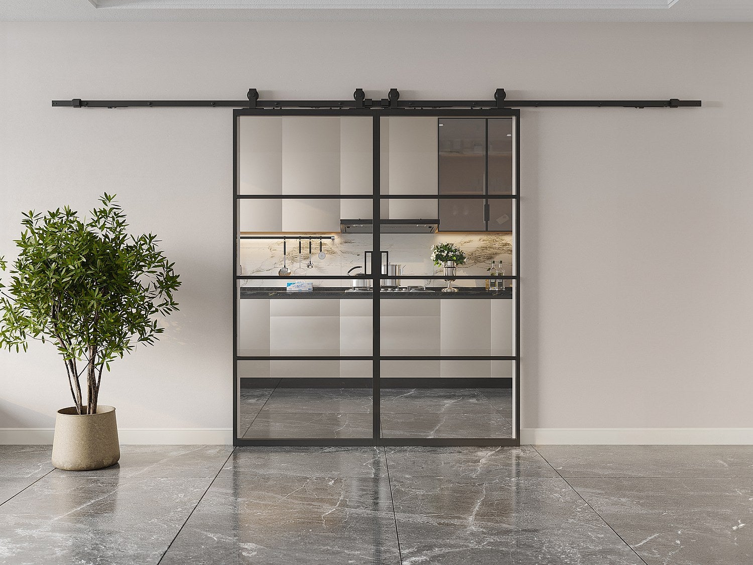 Drzwi przesuwne naścienne podwójne - aluminium i przezroczyste szkło hartowane - 2 x wys. 205 x szer. 73 cm - SINCA II