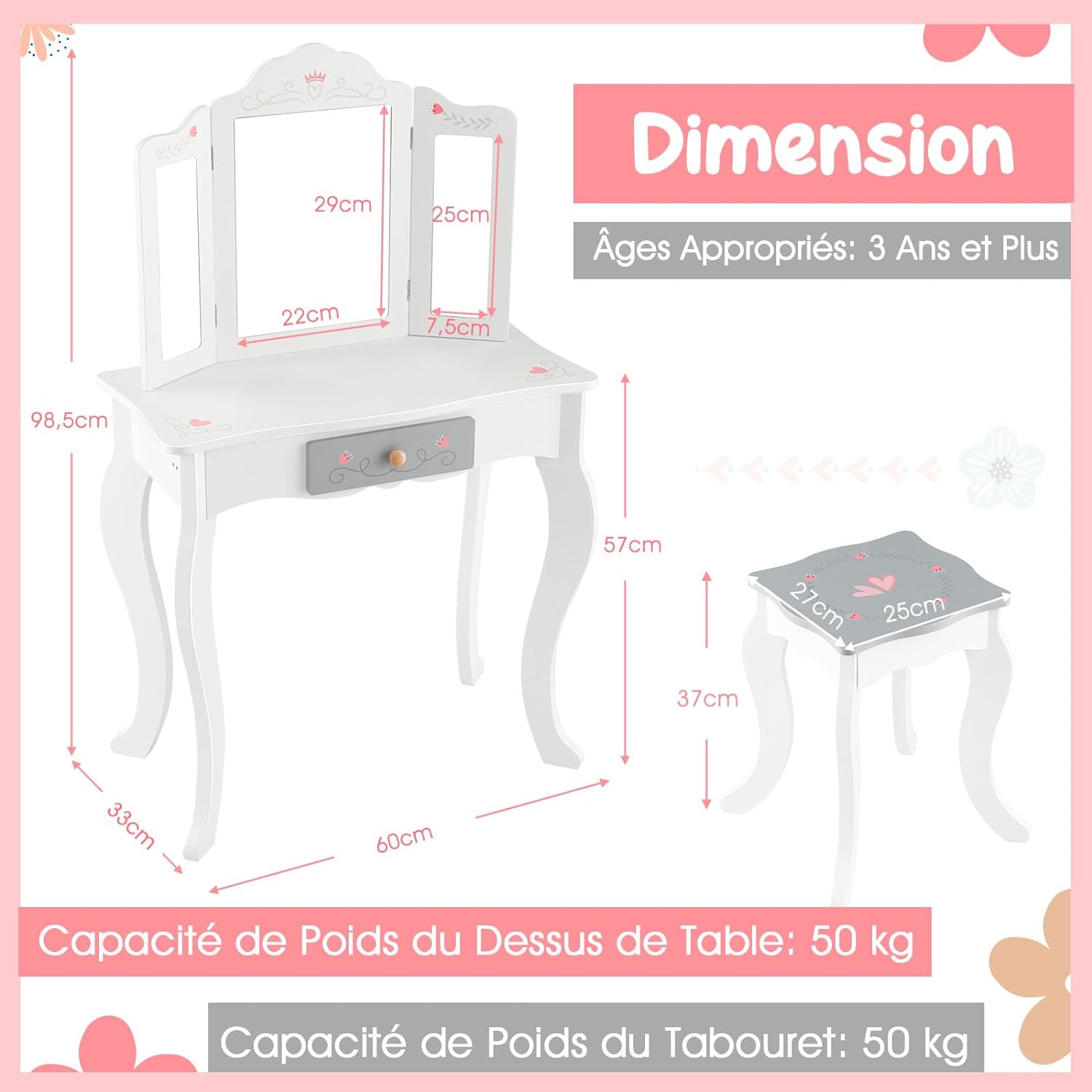 Toeletta Trucco 2 in 1 per Bambina, Specchiera Staccabile per Ragazza in Legno con Sgabello, Cassetto e Giocattoli, Postazione Trucco per 3 An - 5