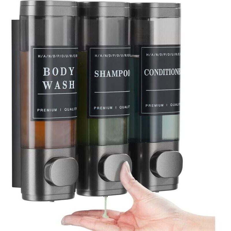 Dispenser de săpun, gel de duș și șampon, montat pe perete 3 în 1 Enowelir, nu necesită găurire, potrivit pentru bucătării, băi și hoteluri, gri