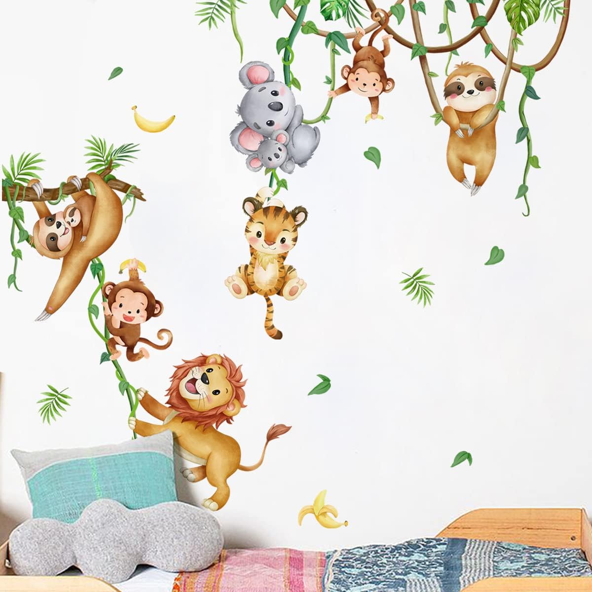 Stickers muraux animaux de la jungle, koala, lion, singe, paresseux, vigne, décoration murale pour chambre d'enfant, bébé, crèche, salon - 5