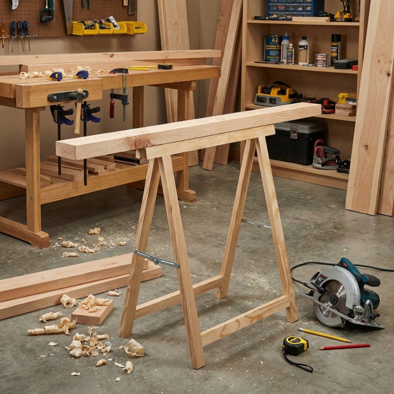 Cavalletto pieghevole in legno per lavorazione del legno e fai da te 74x73,5 cm | Cavalletto per montaggio assi e taglio legno - 5
