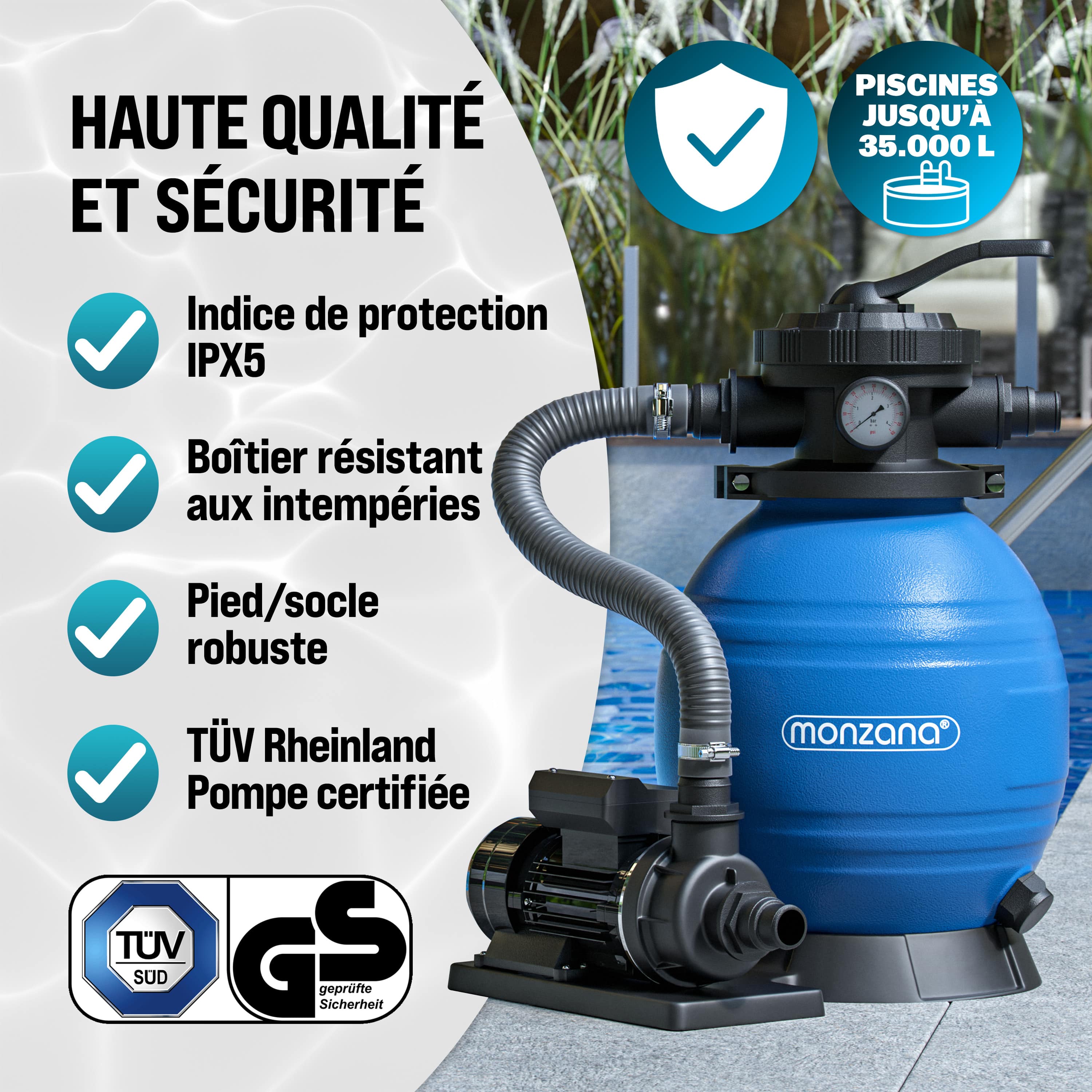 MONZANA® Pompe filtre à sable 10,2m³ auto-amorçante piscines jusqu’à 35m³ certifié TÜV vanne 7 voies raccord 2en1 Ø32-38mm système filtration sable - 4