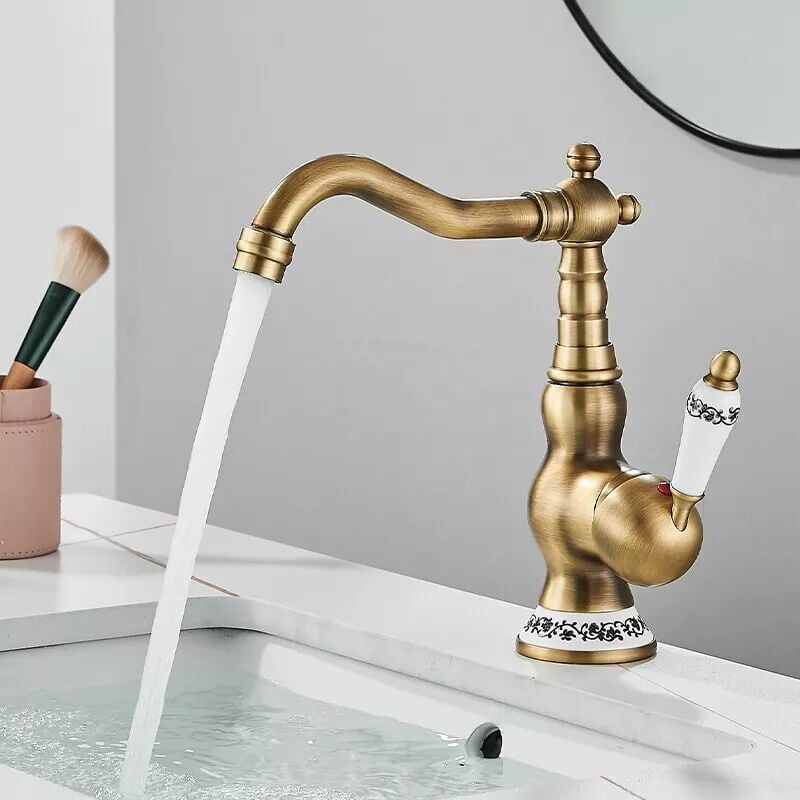 Retro bateria łazienkowa z pozłacanego mosiądzu z obrotową o 360° wylewką, bateria umywalkowa jednouchwytowa do łazienki, mieszacz