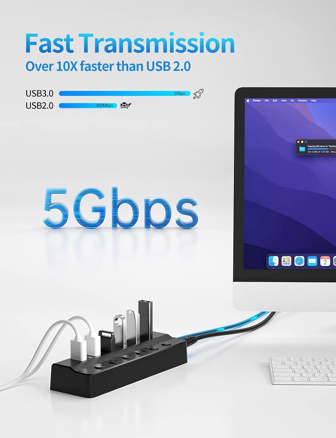 Zasilany koncentrator USB 3.0, koncentrator USB z 6 portami (4 porty danych USB 3.0 i 2 porty ładowania QC 3.0) z indywidualnymi przełącznikami włącz - 4