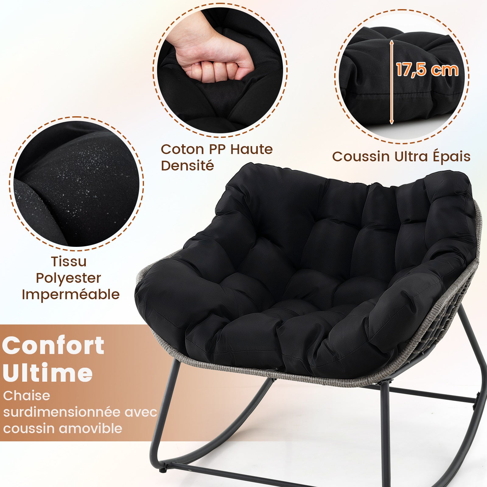 Fauteuil à Bascule d'Extérieur, Fauteuil Œuf Surdimensionné en Osier PE avec Coussin Épais Amovible, 98 x 98 x 87 cm, Charge 150 kg, Noir - 6