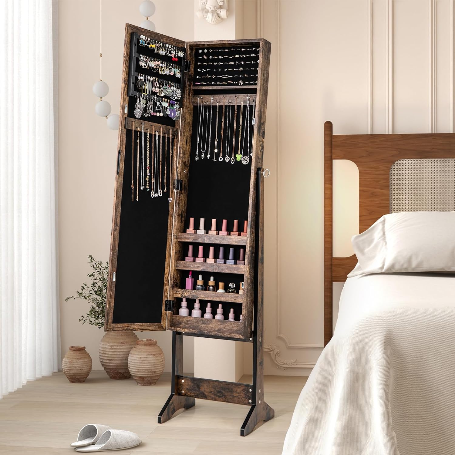 Armoire à Bijoux sur Pied avec Miroir Inclinable en 3 Positions, Convient pour Salon, Chambre et Porche (Marron Rustique) - 9