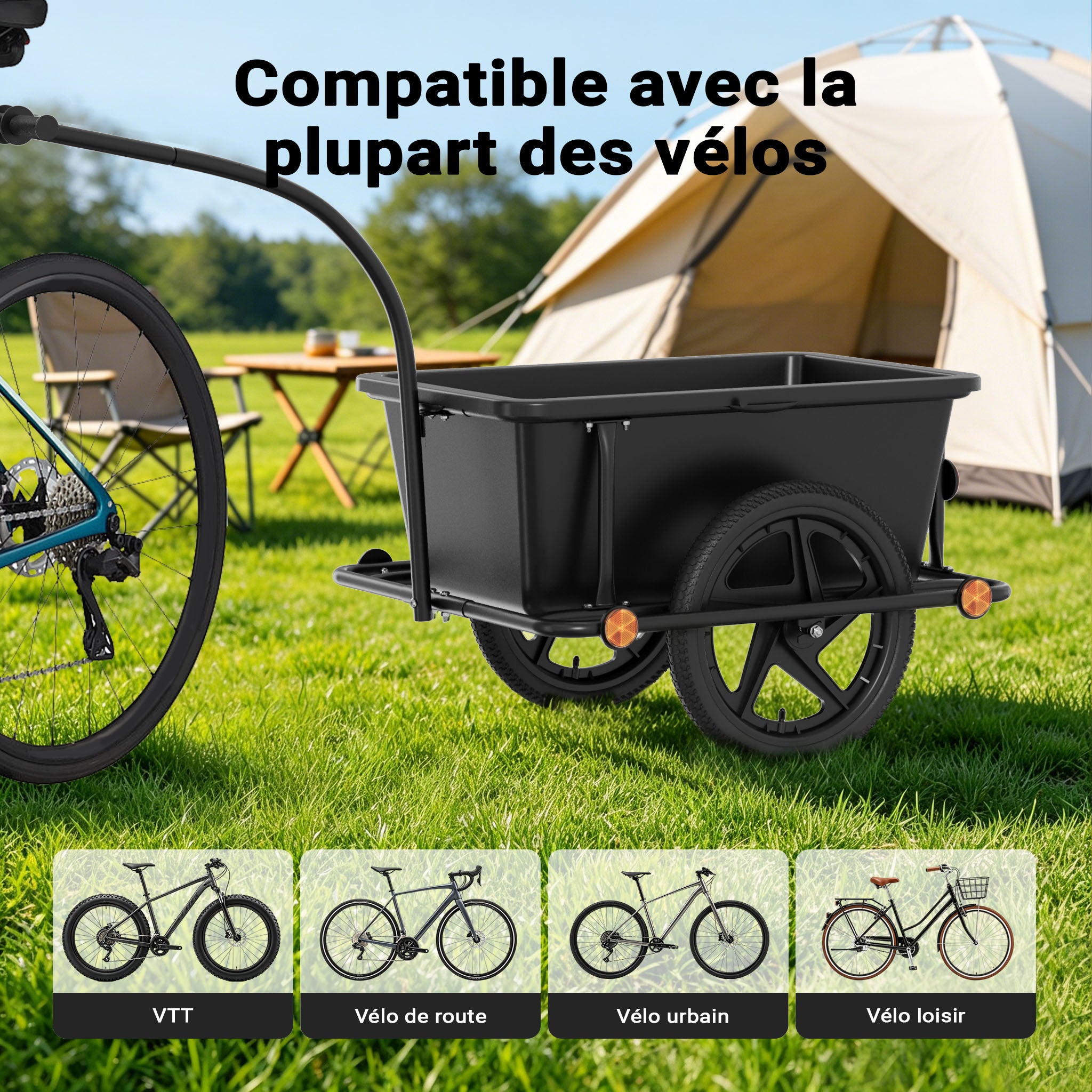 Remorque pour vélo 80 kg max., 1580 x 690 x 510 mm, Bac 90 l, Attelage rapide, Cadre protège-roue, Charrette à bras, Transport de charges… Wiltec - 7
