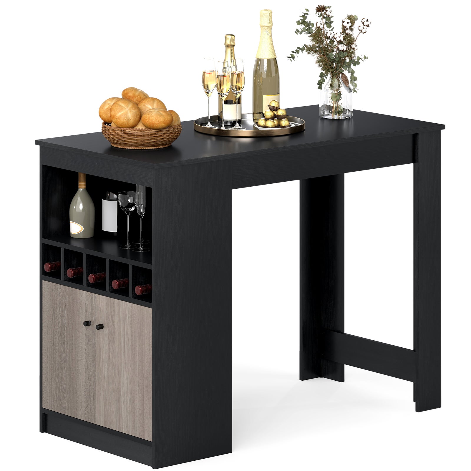 Stół barowy kuchenny, blat kuchenny z półkami na wino, otwartymi półkami, 2 drzwi, 2 osoby, drewniany blat barowy, 120 x 60 x 91,5 cm, czarny
