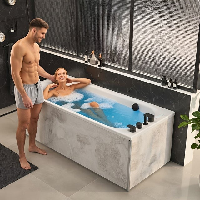 Baignoire droite KINÉDO ZUMBA 160x70 blanche mate tête bain à gauche sur châssis métallique