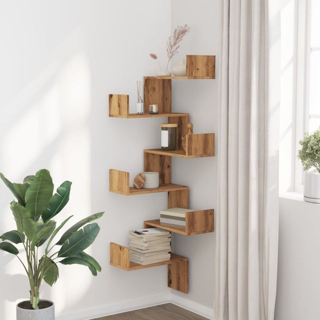 Étagère d’angle murale chêne artisan 45×45×147 cm – Bois reconstitué, charge 60 kg